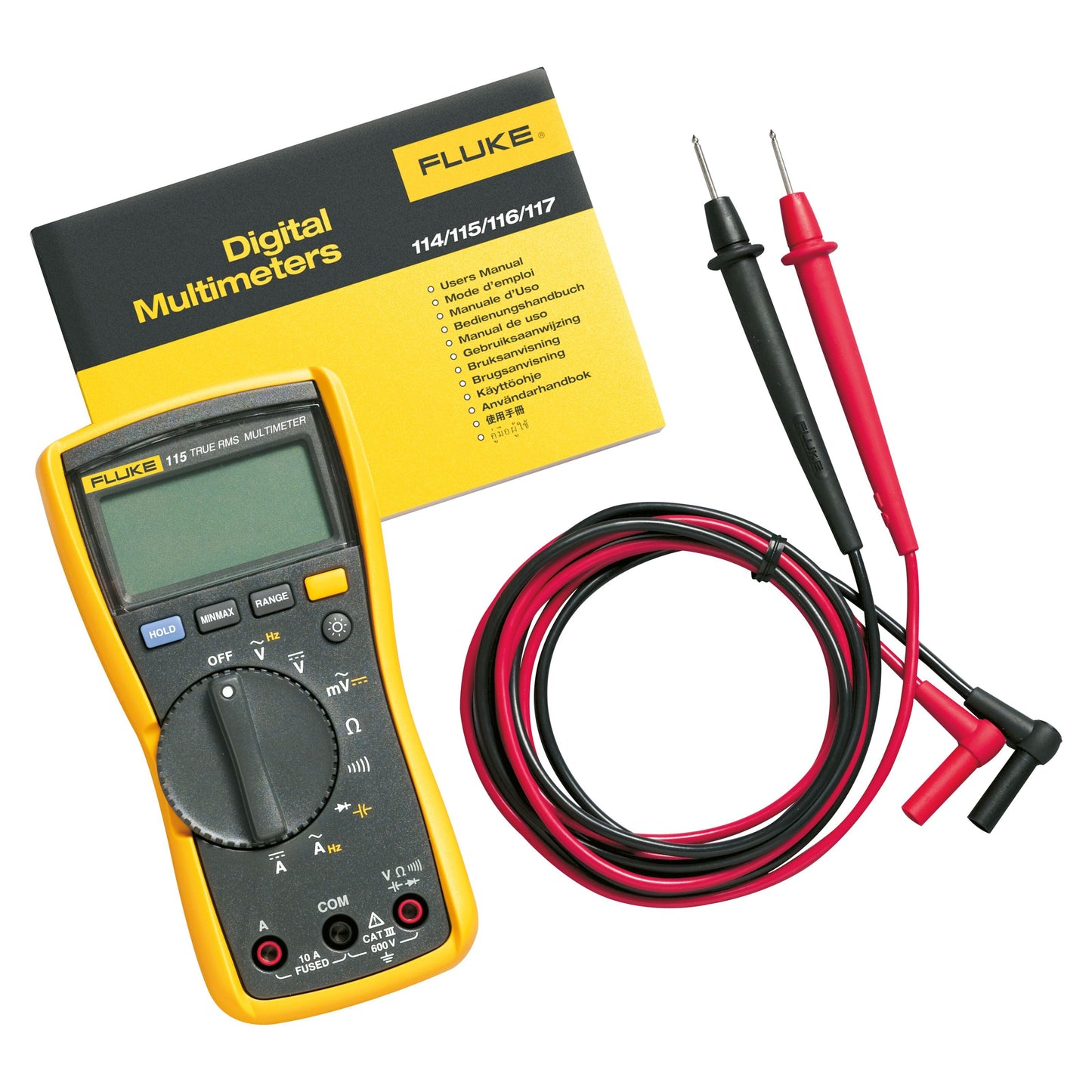 Fluke 115 multimeter gul/sort med røde og sorte testledninger og manual til 114/115/116/117 serien.