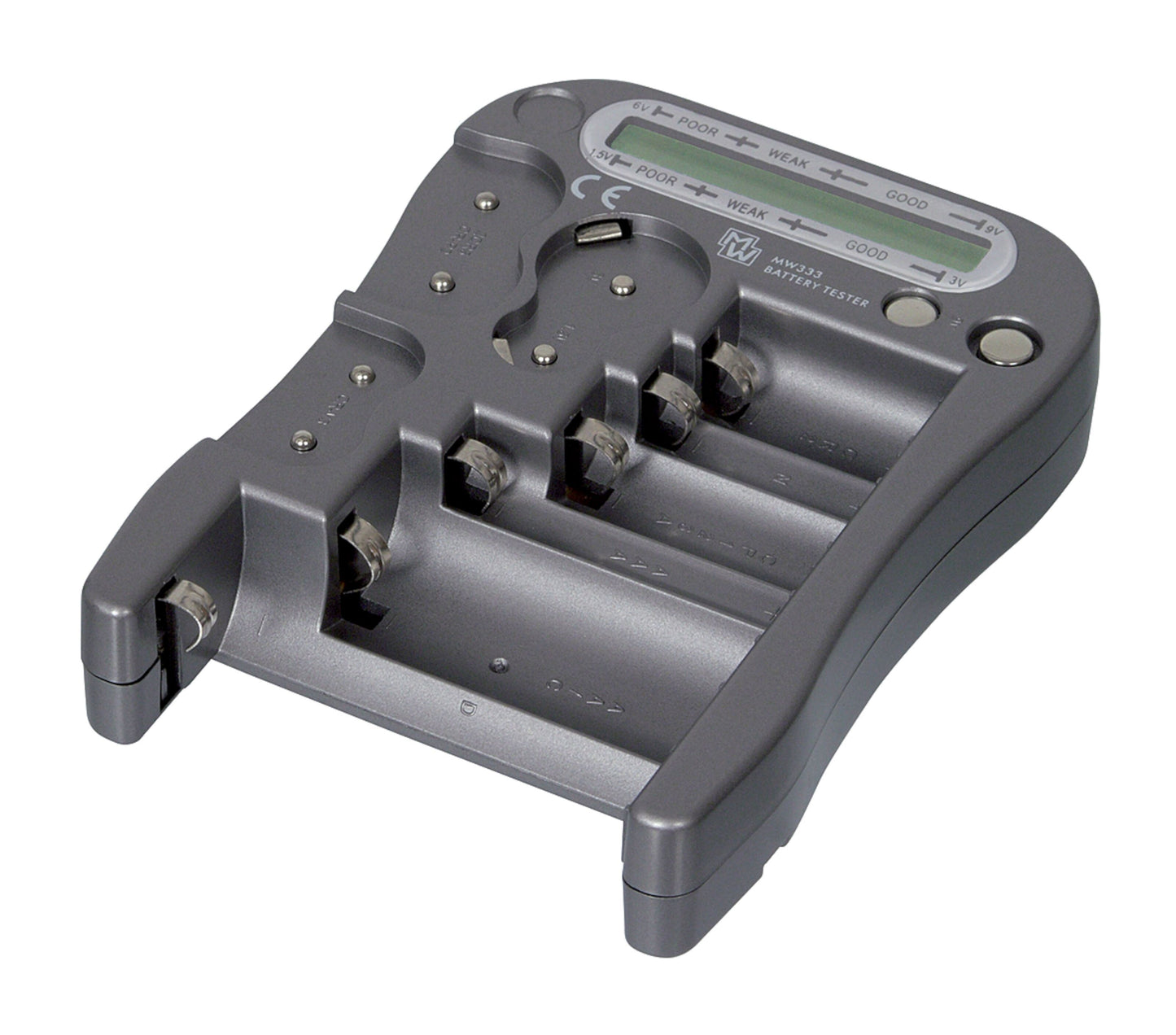 Batteritester med LCD-display, viser POOR/WEAK/GOOD, grå, slots til flere batteristørrelser.