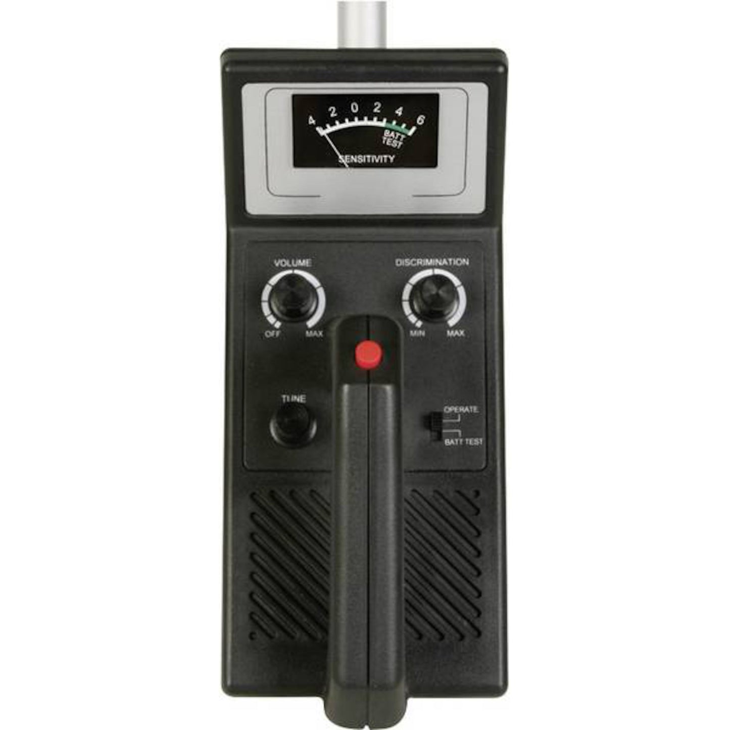 Velleman CS100 metaldetektor kontrolpanel close-up med følsomhedsmåler, volumenkontrol, drejeknapper og afbrydere.