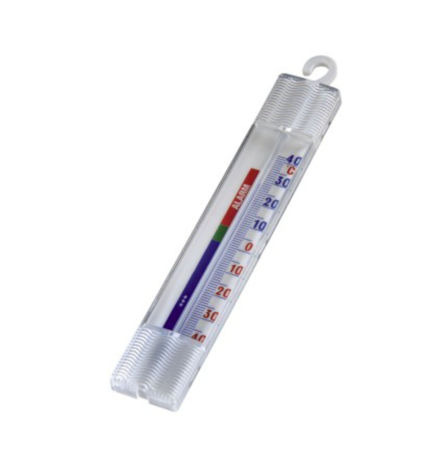 Analogt termometer til køleskab/fryser i klar plast med ophæng, Celsius/Fahrenheit, farvebånd viser temperaturområder.