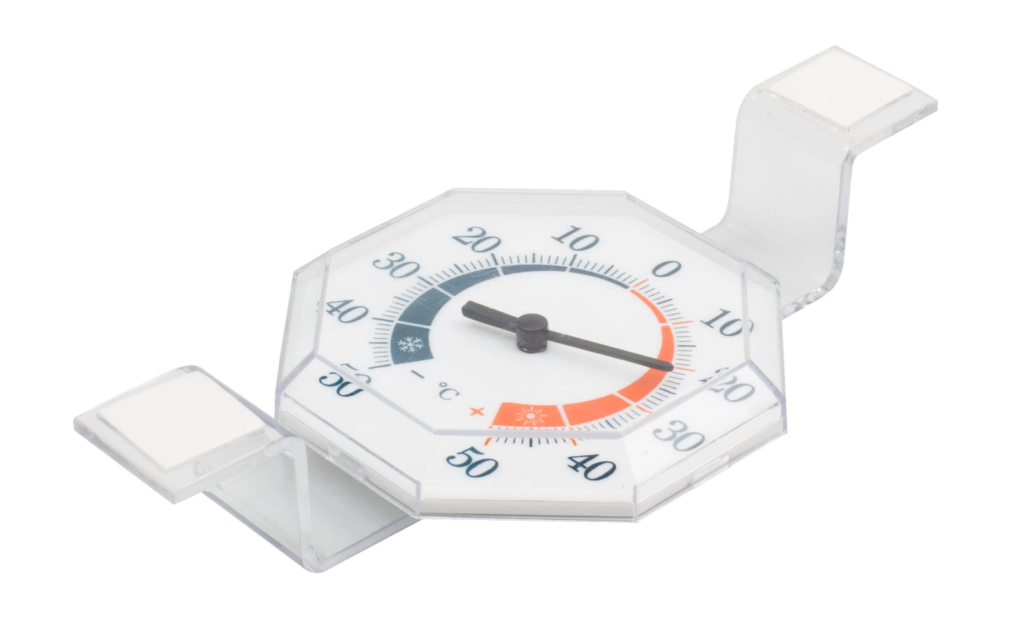 Vinduestermometer i plast, transparent med hvid skive, sort viser og Celsius-tal til montering på vindue eller overflade.