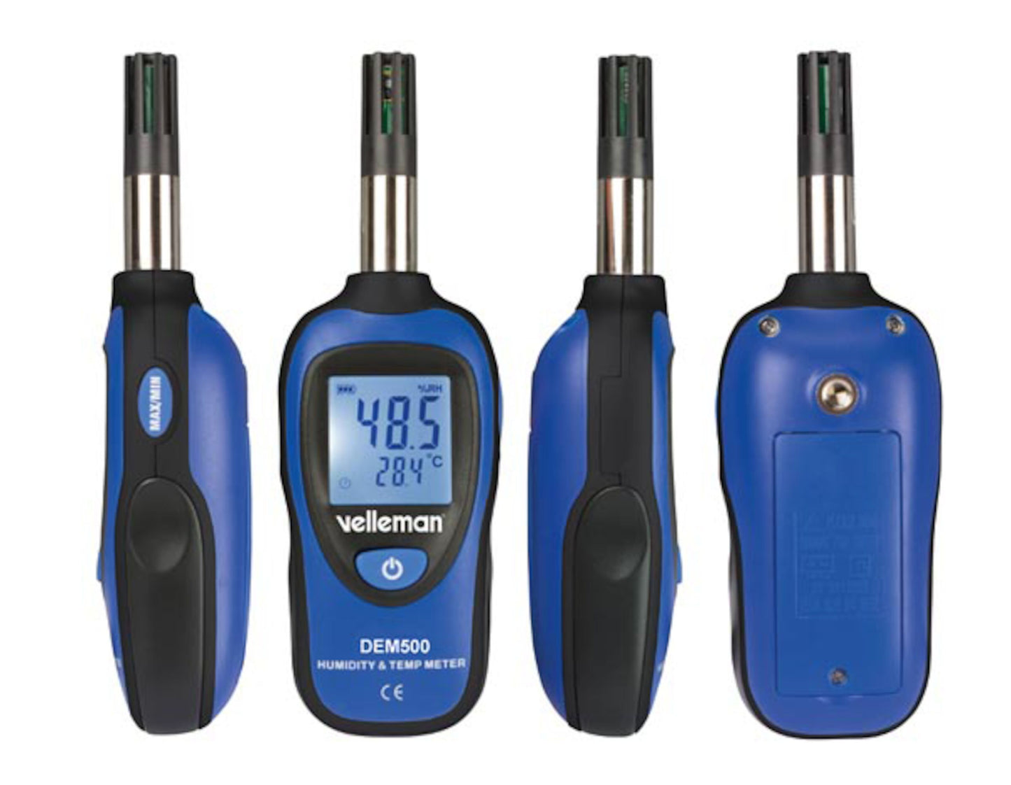 Velleman termometer og hygrometer blå/sort, vises forfra, fra begge sider og bagpå, håndholdt til temperatur og luftfugtighed.