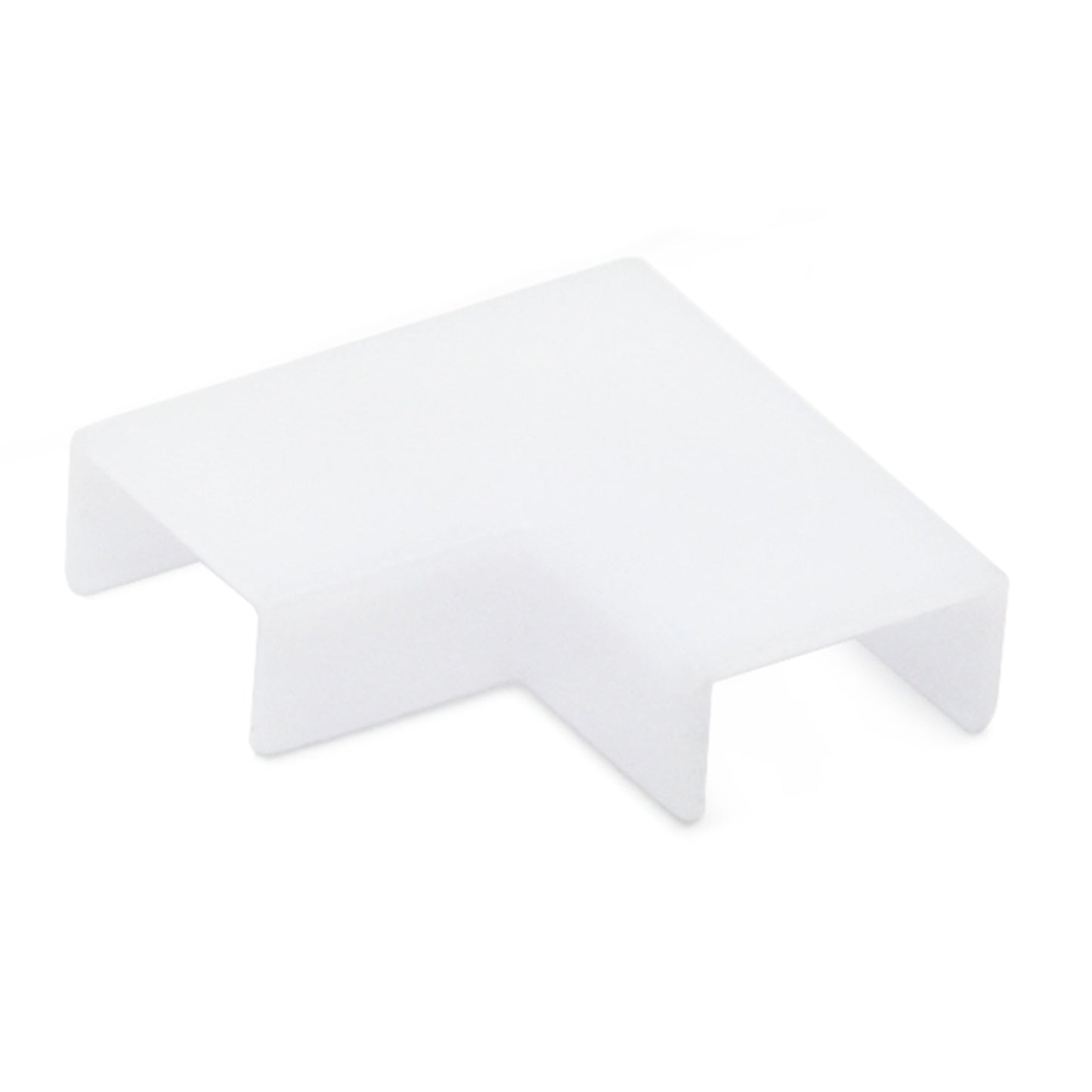Vinklet samling til aluminiumsprofil, overflademonteret, L-formet hjørnedæksel i transparent plast med to korte ben.