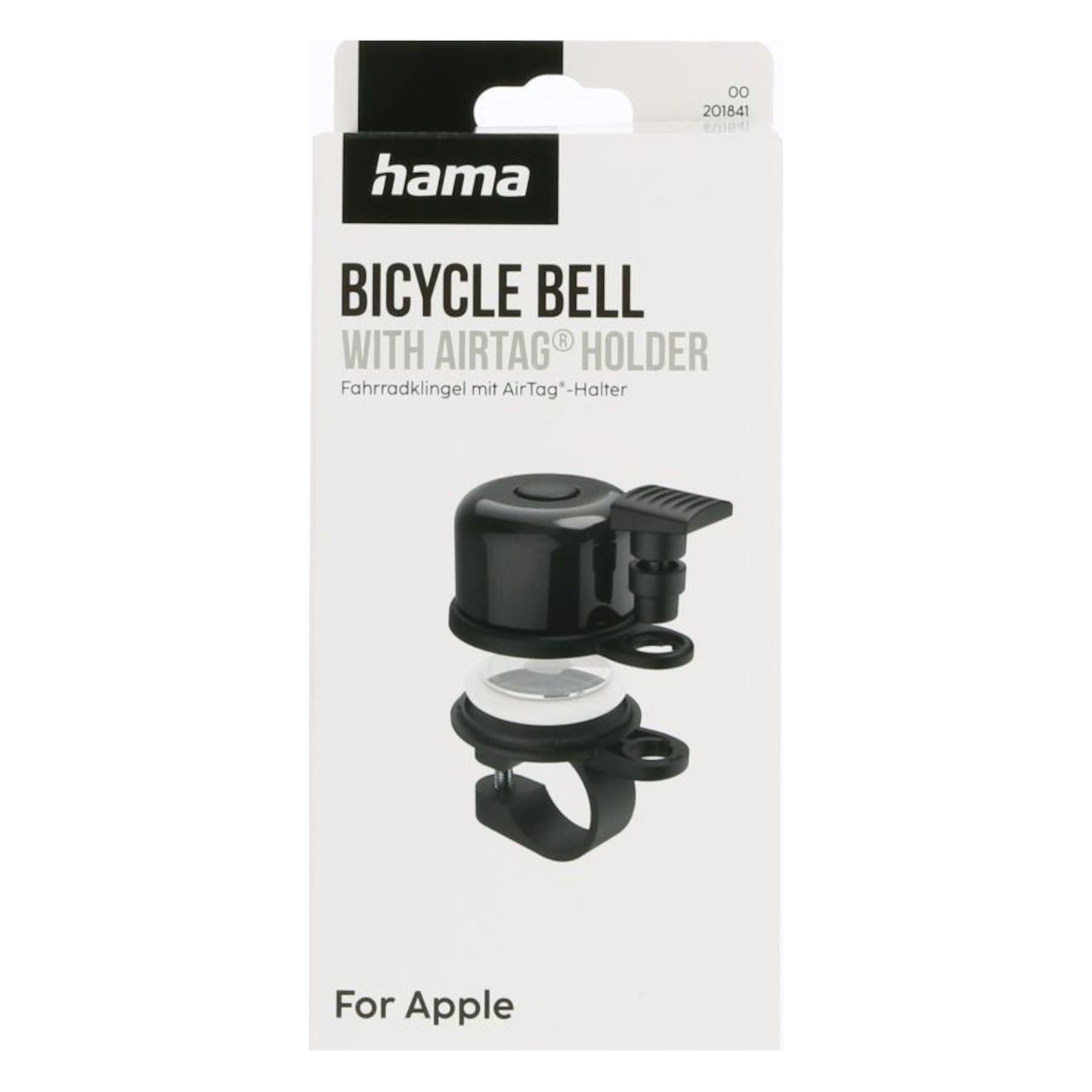 Hama Ringeklokke med indbygget beslag til Apple AirTag i sort, kompatibel med Apple AirTag, detaljer på emballage.