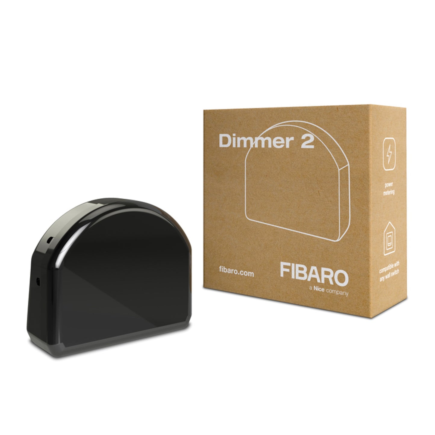 Fibaro Z-wave indbygget dæmpemodtager 250 W sort med brun æske med produktnavn, device-outline og Fibaro-logo.