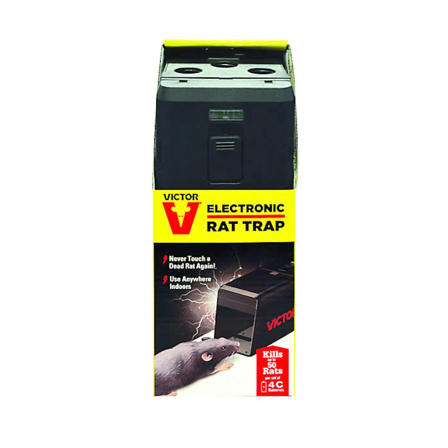 Victor Elektrisk musefælde i sort emballage, kapacitet op til 50 mus pr. batterisæt, håndfri bortskaffelse.