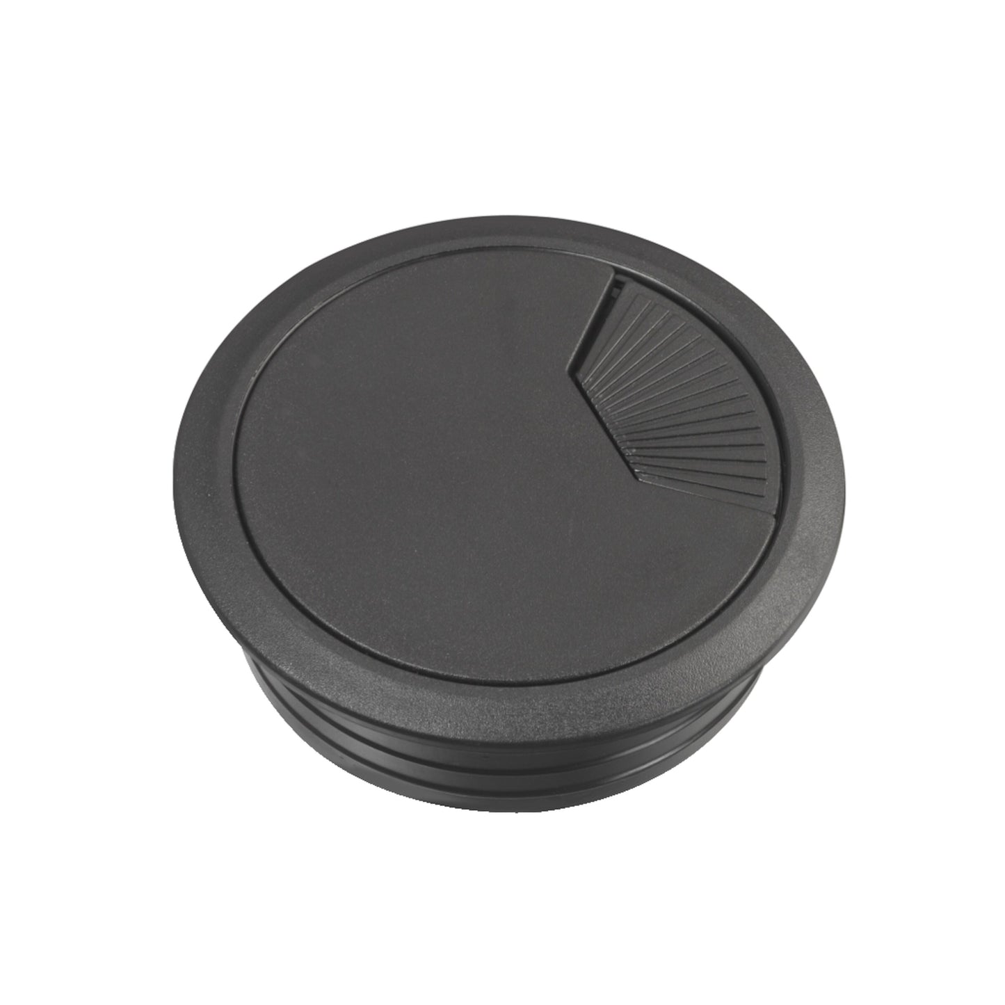 Schneider Electric kabelgennemføring 60 mm sort, rund plast med delvist åbne riflede låg, 2-pak til bord eller bordplade.