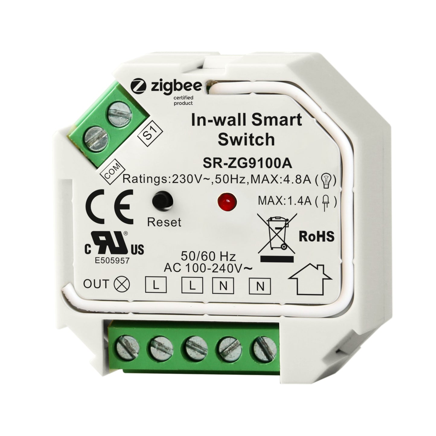Sunricher Zigbee smart switch indbygget, 230V 50Hz 4.8A, input/output terminaler, reset-knap, certificeringslogoer.