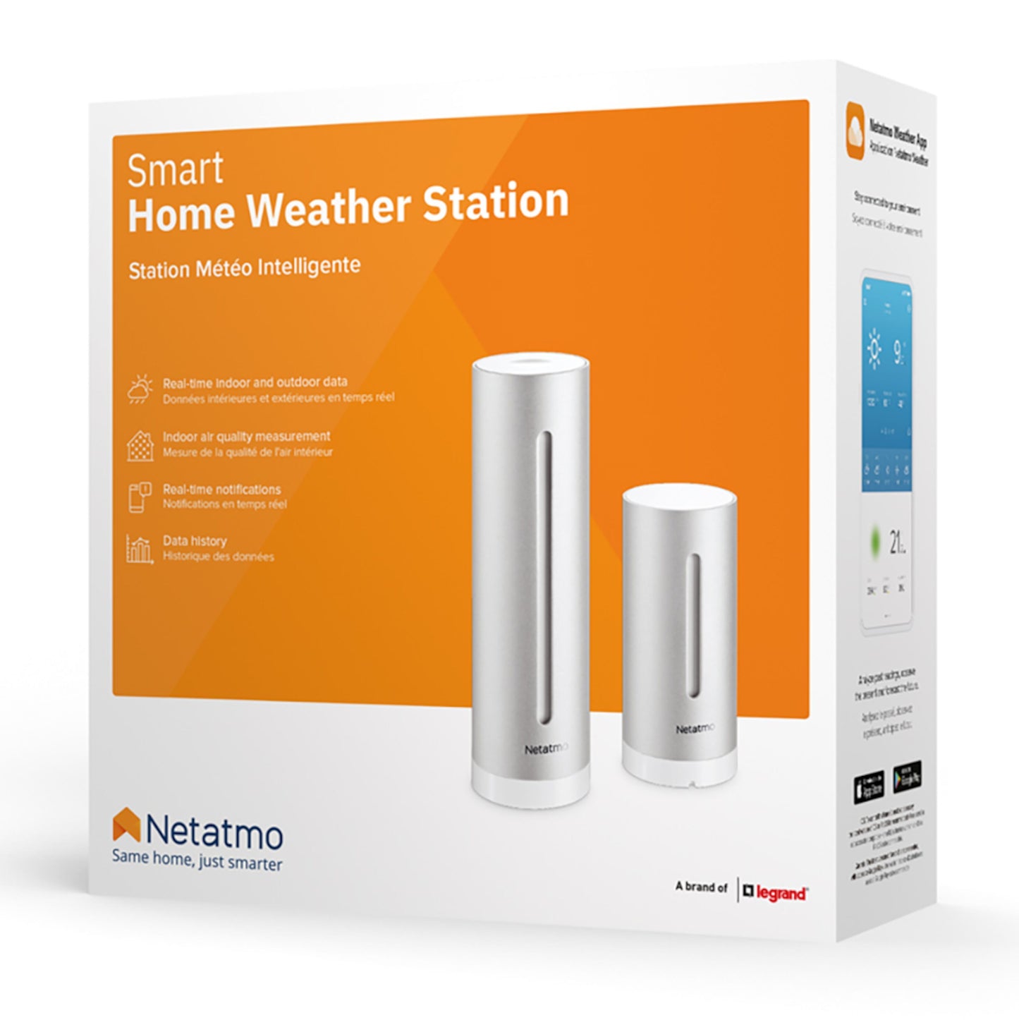 Netatmo Smart vejrstation æske med to cylindriske sensorer og orange-hvid logo, indeklima og udendørs data.