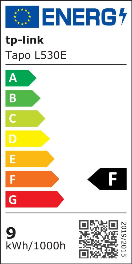 EU-energimærke til TP-Link Tapo Smart RGB LED-pære E27, energiklasse F, forbrug 9 kWh pr. 1000 timer.