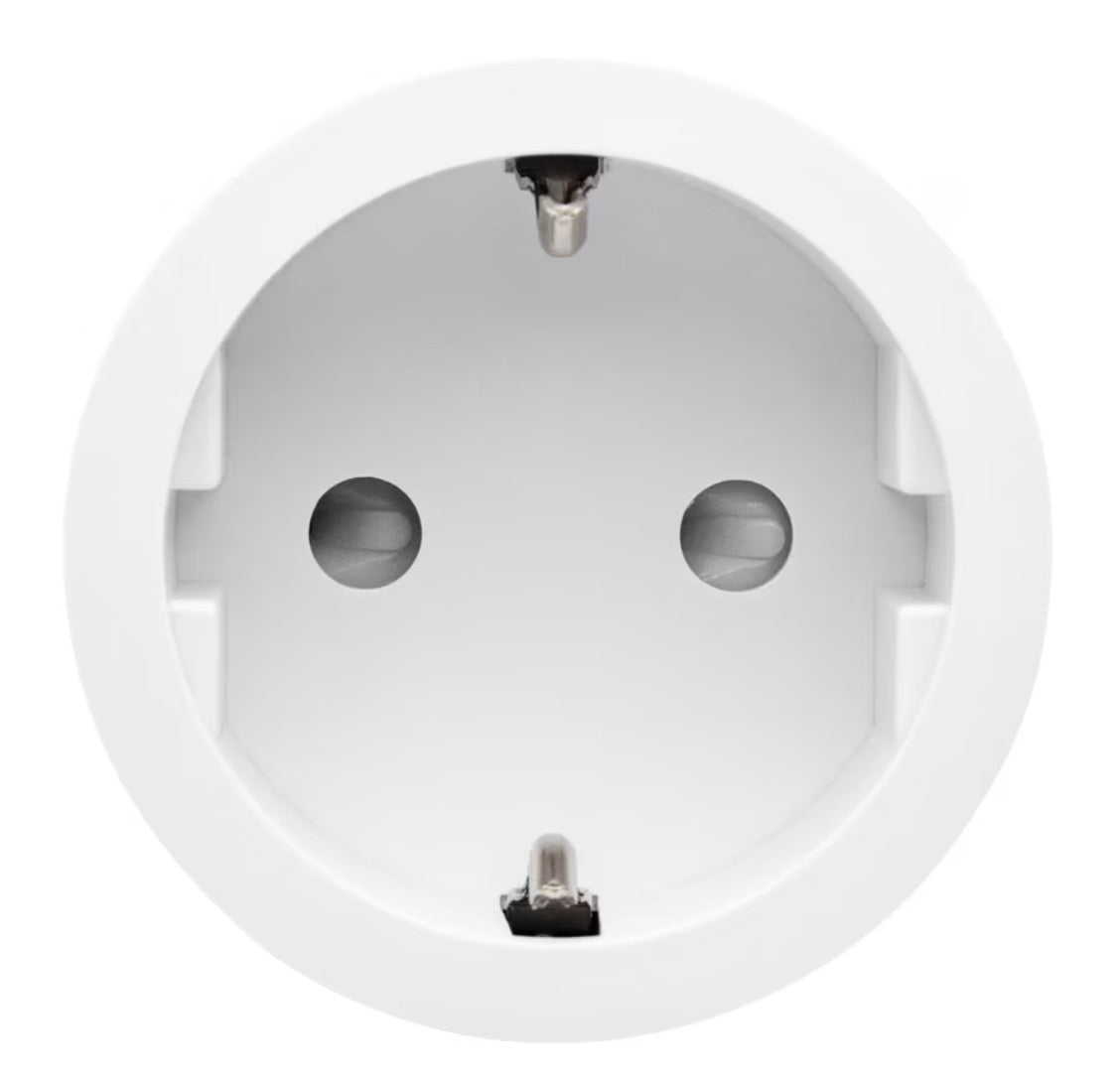 Cleverio Smart Plug WiFi 10A, hvid med to runde stikben og jordclips, styring via Smart Life app.