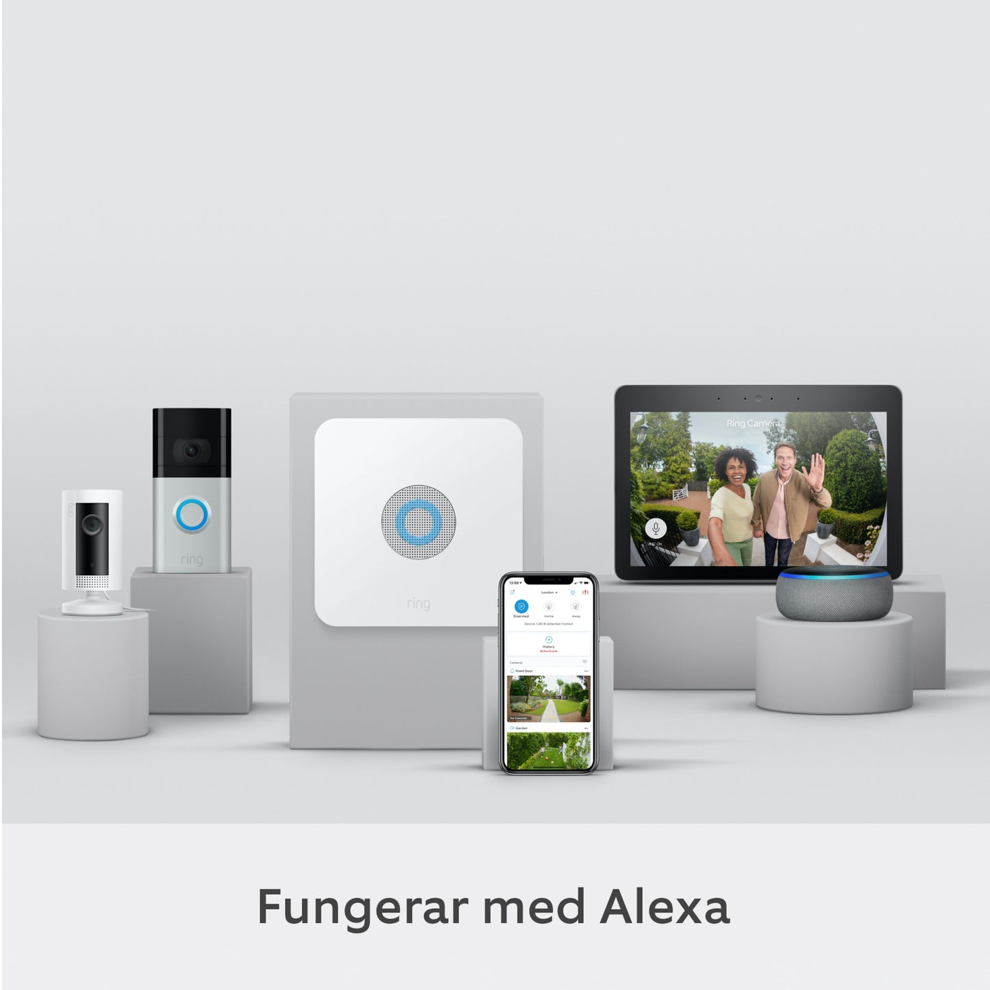 Ring smart home-enheder, bl.a. kameraer, video dørklokke, Alarm (2. gen) basestation, hub og display med "Fungerar med Alexa.