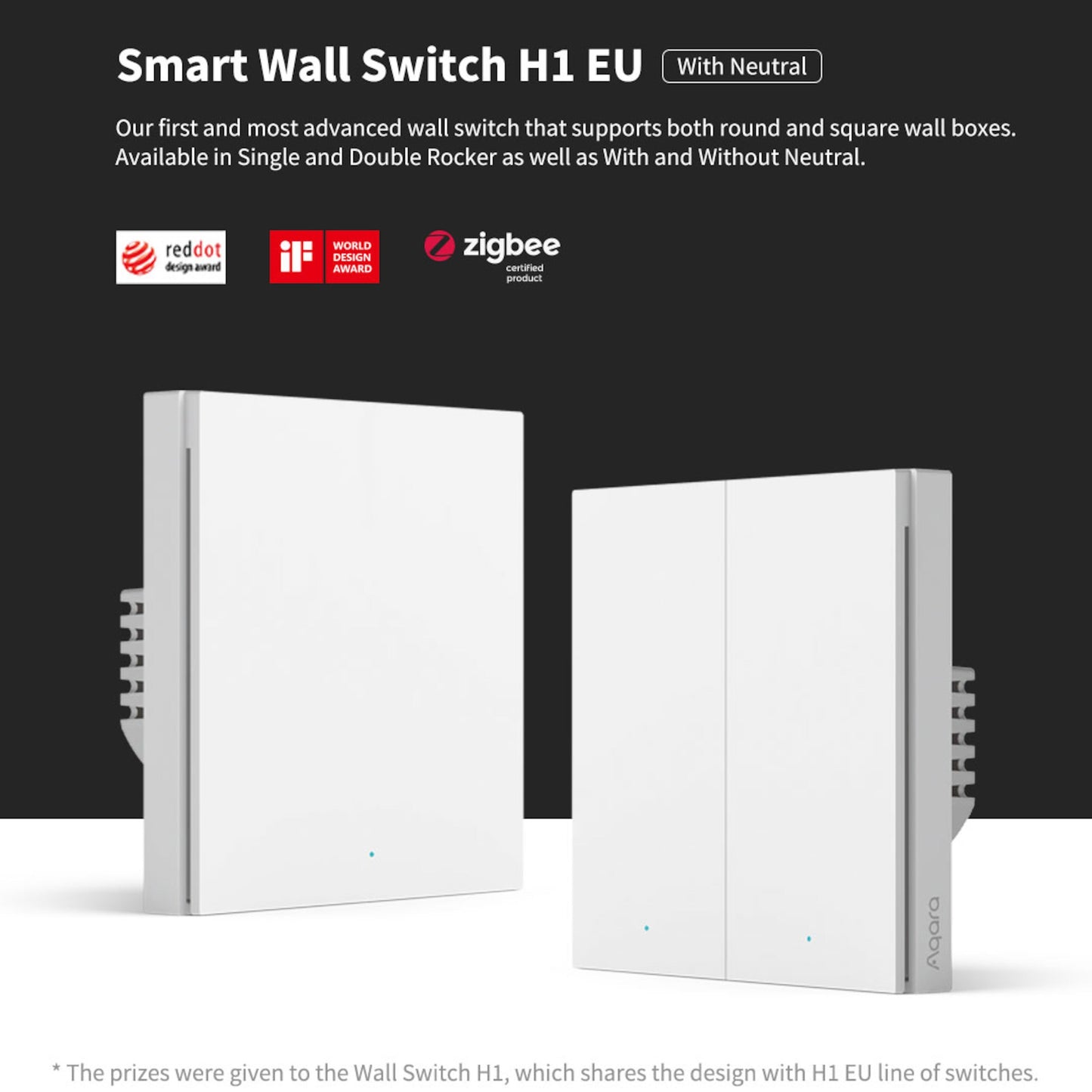 Aqara Smart vægkontakt H1 Dobbelt med nulleder, Zigbee 3.0, LED-indikator, enkelt og dobbelt vippe, award-logoer.