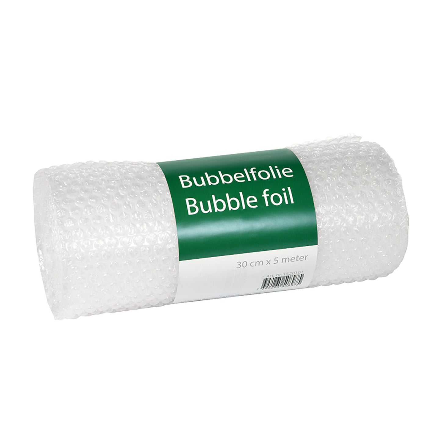 B.N.T luftbobleplast rulle 30 cm x 5 m, grøn og hvid label, gennemsigtig bobleplast til beskyttelse og indpakning.