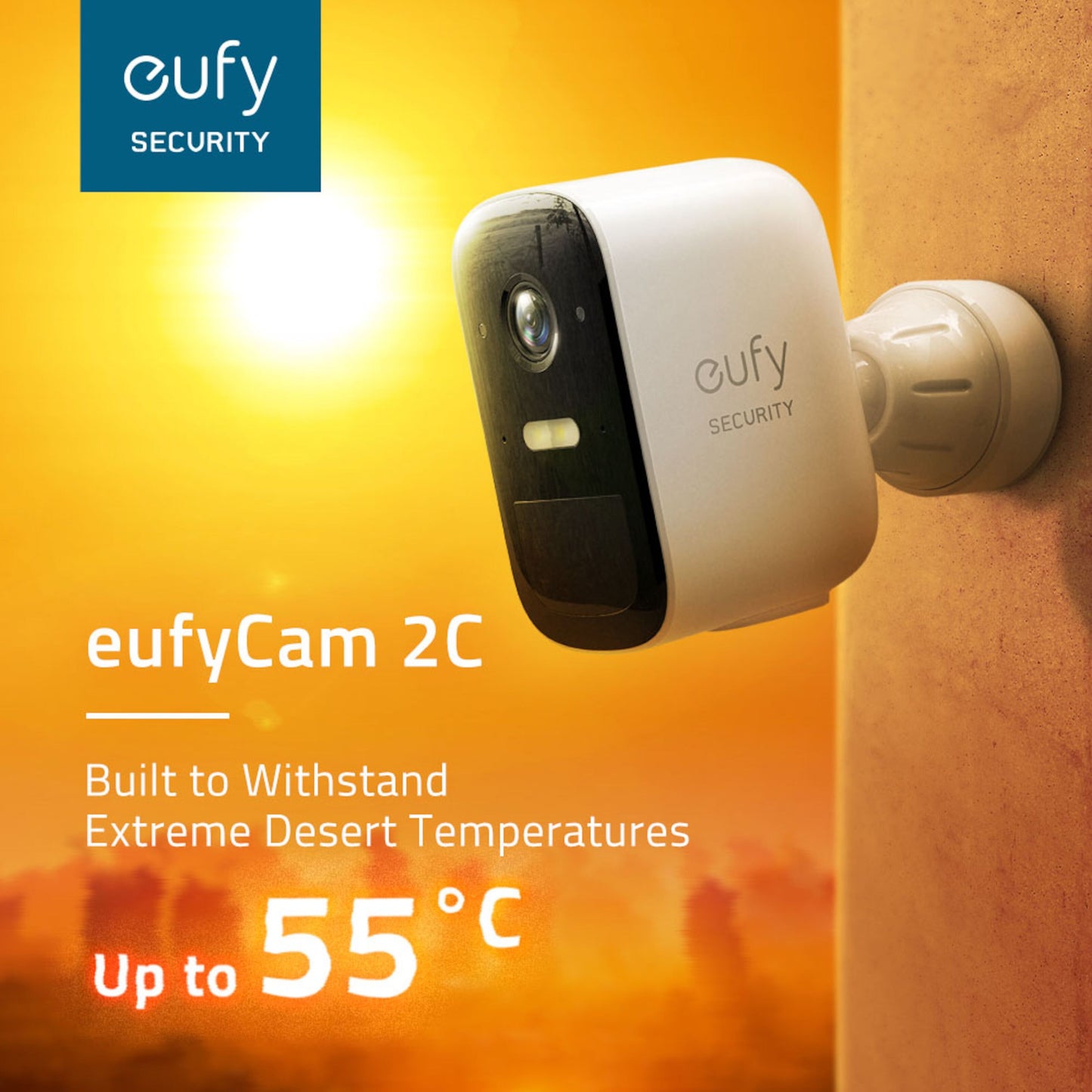 Eufy EufyCam 2C Kit med 2 kameraer udendørs, Full HD-overvågning, tåler op til 55°C, orange ørkenbaggrund.