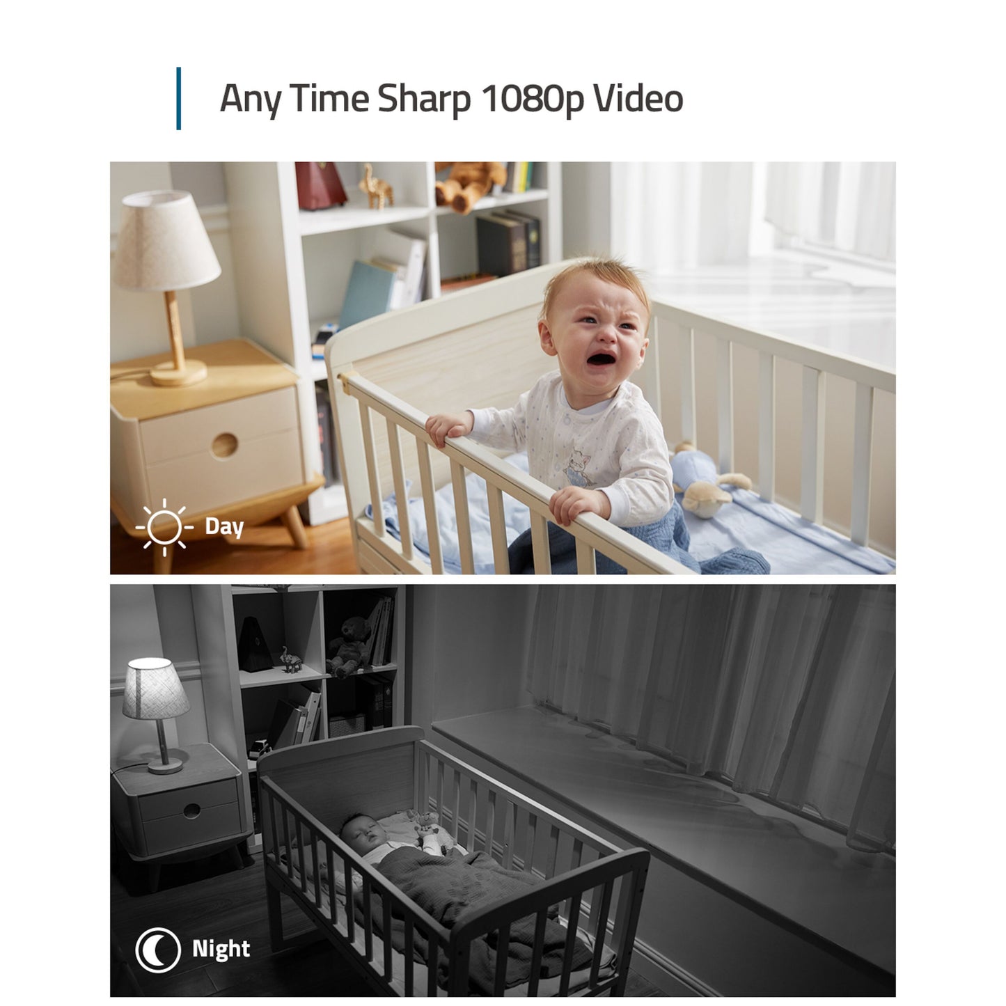 Eufy Indendørs kamera 2K Pan Tilt viser baby om dagen og natten med farve- og natoptagelse i sort-hvid.