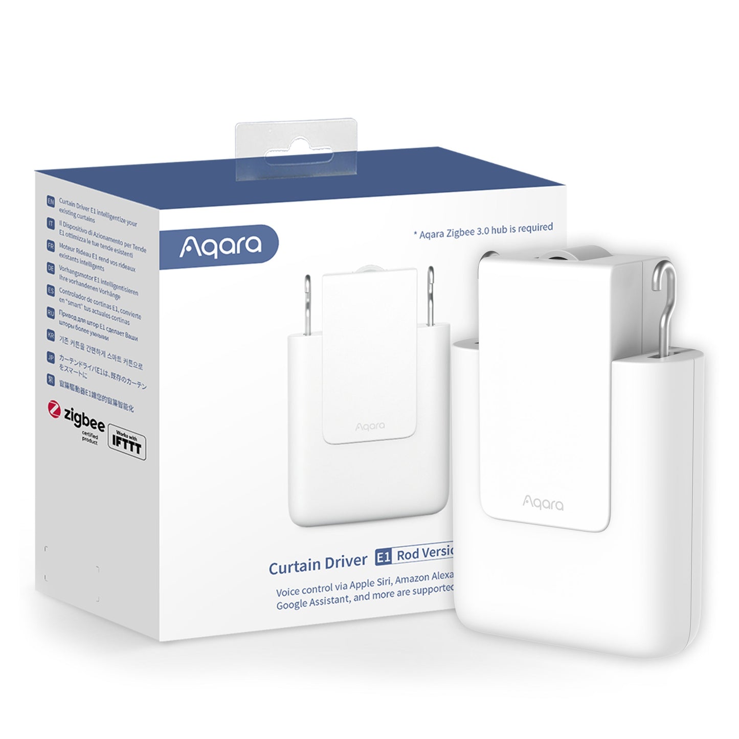 Aqara Curtain Driver E1 gardinstangskontrol foran æske med Zigbee 3.0 og tilslutningslogoer.