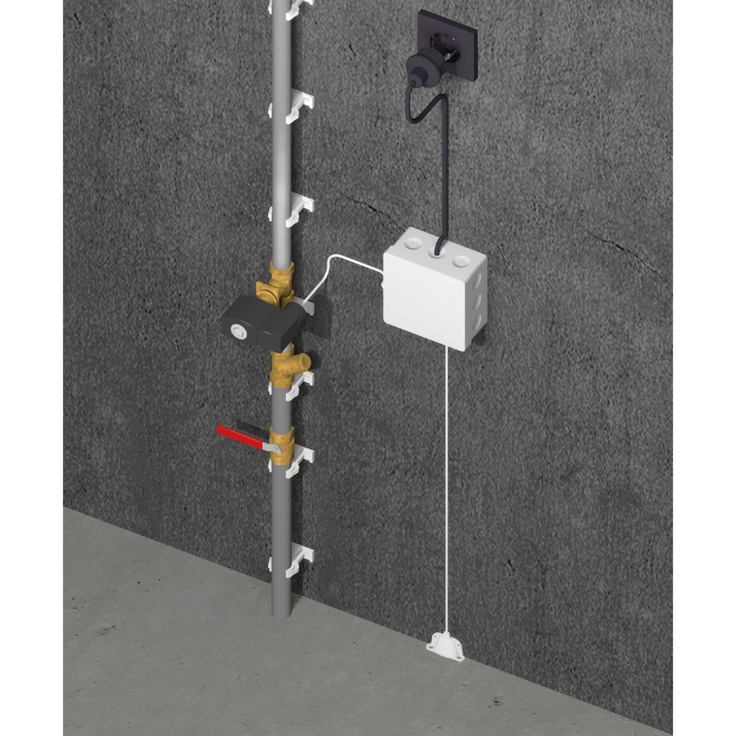 Heatit Z-Relay Z-Wave relæ 25A på lodret rør med messingventiler, hvide bokse og ledninger til energiovervågning.