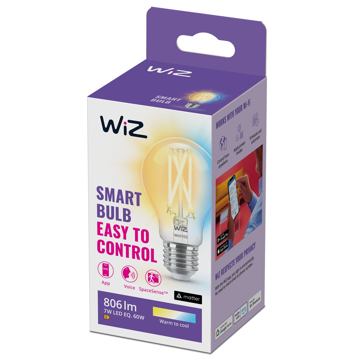 WiZ Klar pære A60 Smart LED-lampe E27 806 lm, 7W, justerbar farvetemperatur, SpaceSense, Matter, stemmestyring.