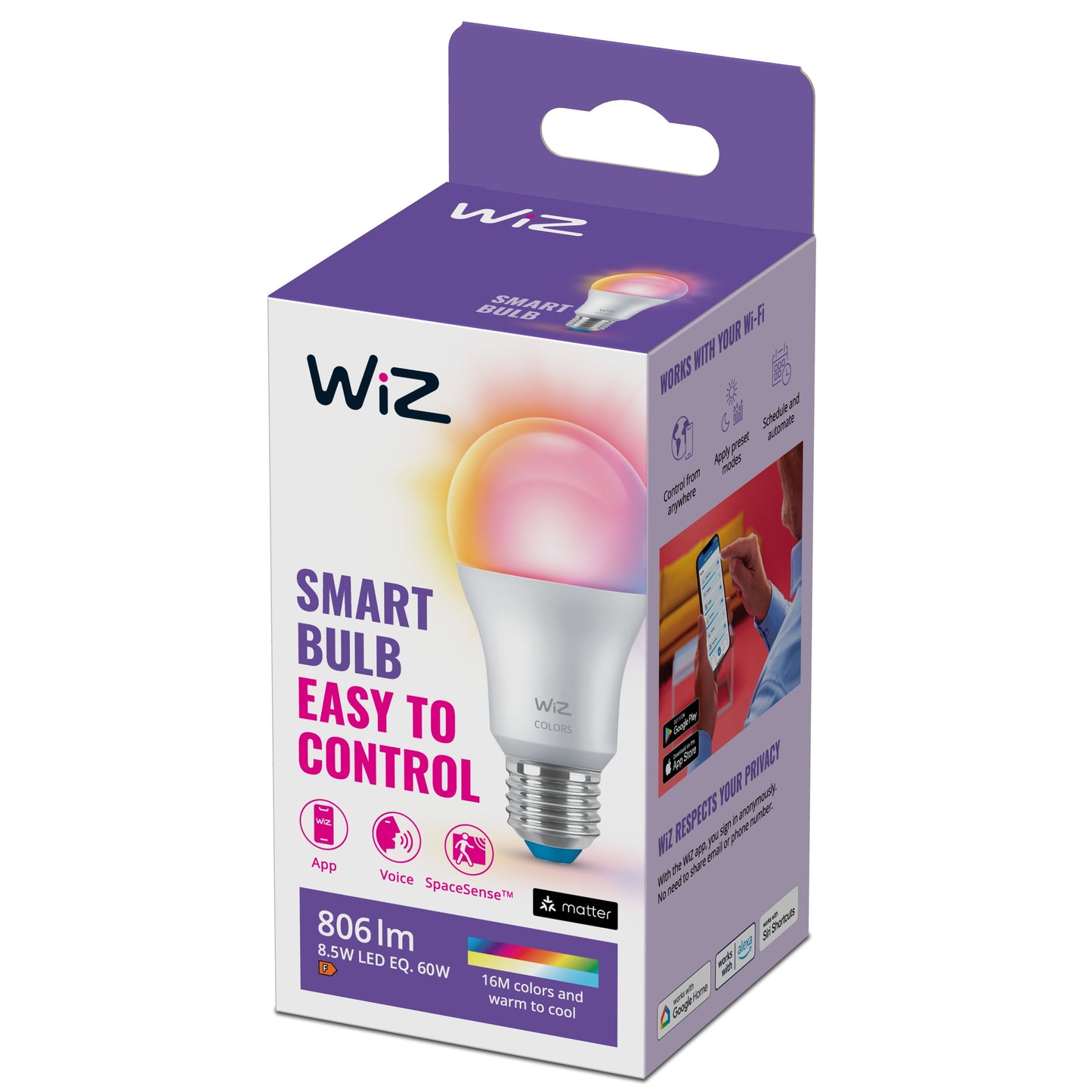 Wiz A60 Farve Smart LED-pære E27 806 lm, 8.5W, Wi-Fi, Matter, 16M farver, vises med app og stemmestyring på æsken.