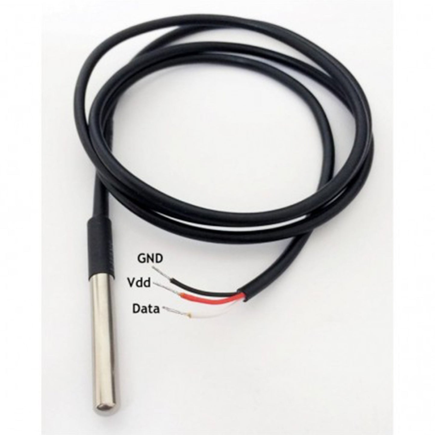 Shelly Temperaturføler 1 m, metal DS18B20 sensor med sort kabel og tre ledninger: sort (GND), rød (Vdd), hvid.
