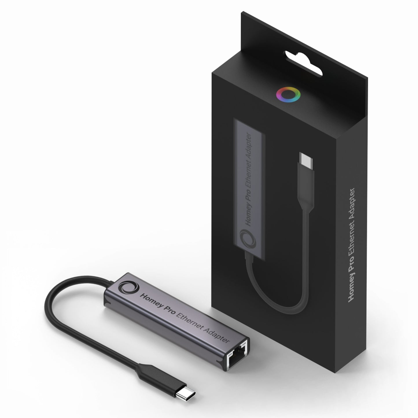 Athom Ethernet-adapter til Homey Pro 2023, metallic grå, USB-C stik, produktnavn og logo synligt på adapter og æske.