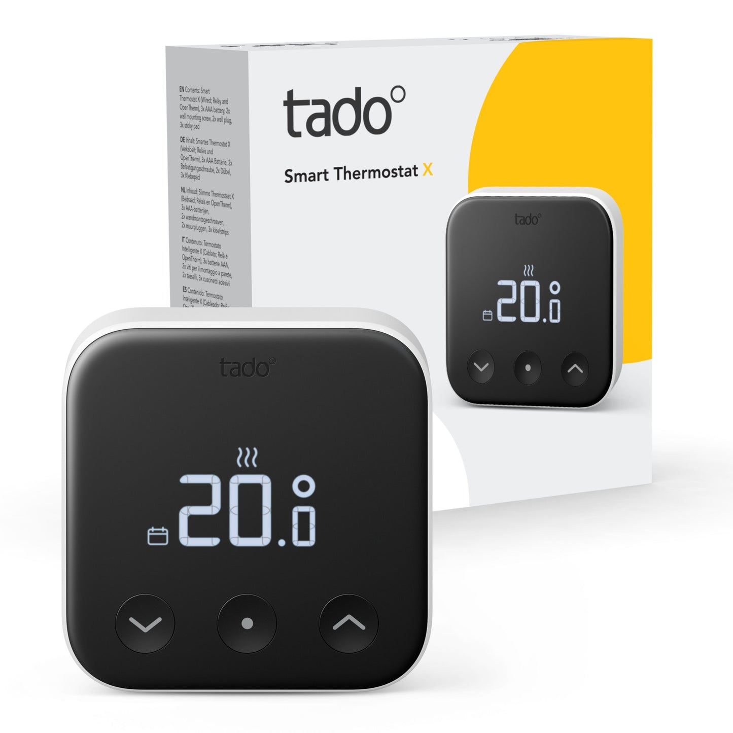 Tado Smart termostat X trådløs med digitalt display viser 20.0°C, foran emballage med tado logo og gul detalje.
