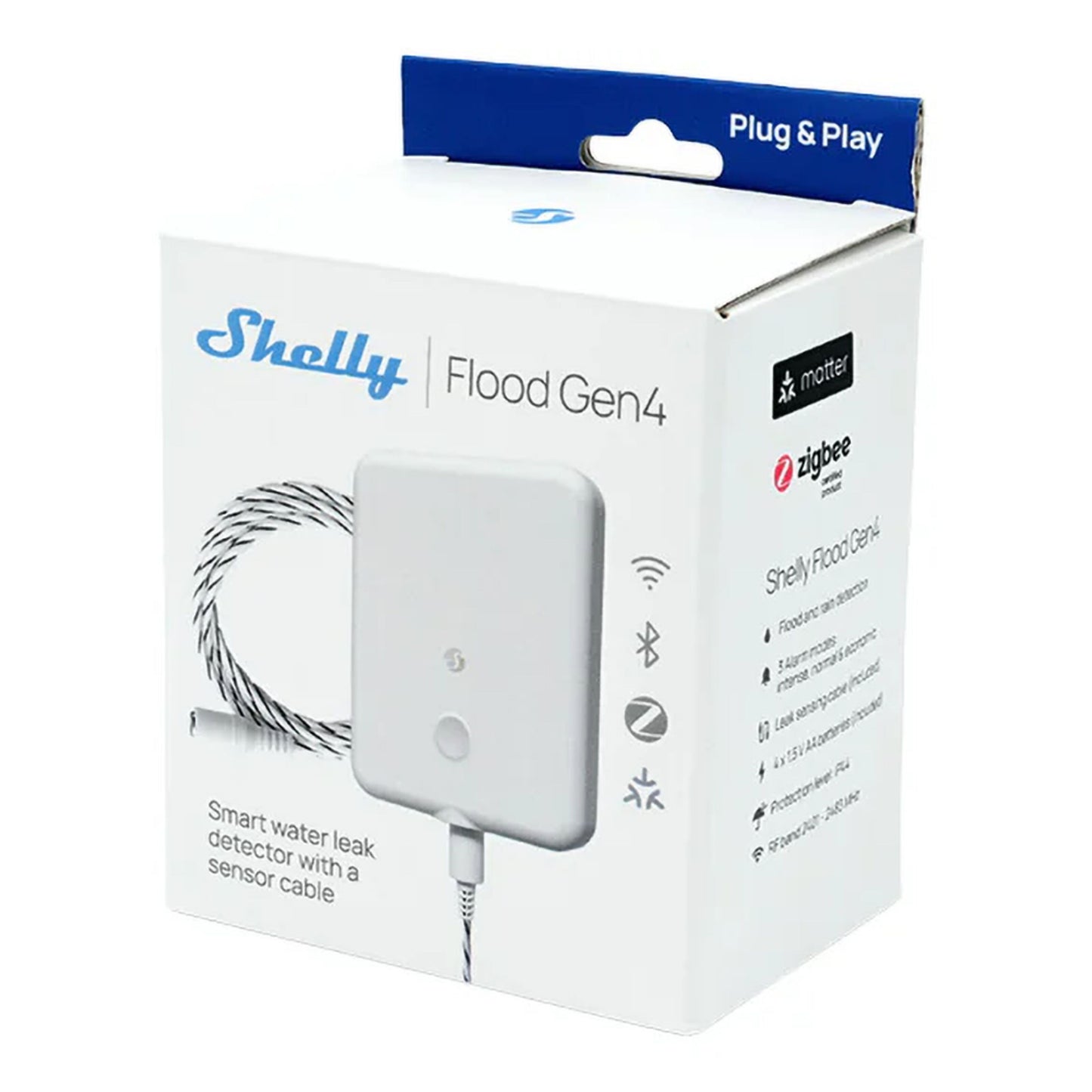 Shelly Flood Gen4 smart vandsensor med lækageslange i æske, fremhævet Zigbee-understøttelse og lækageovervågning.