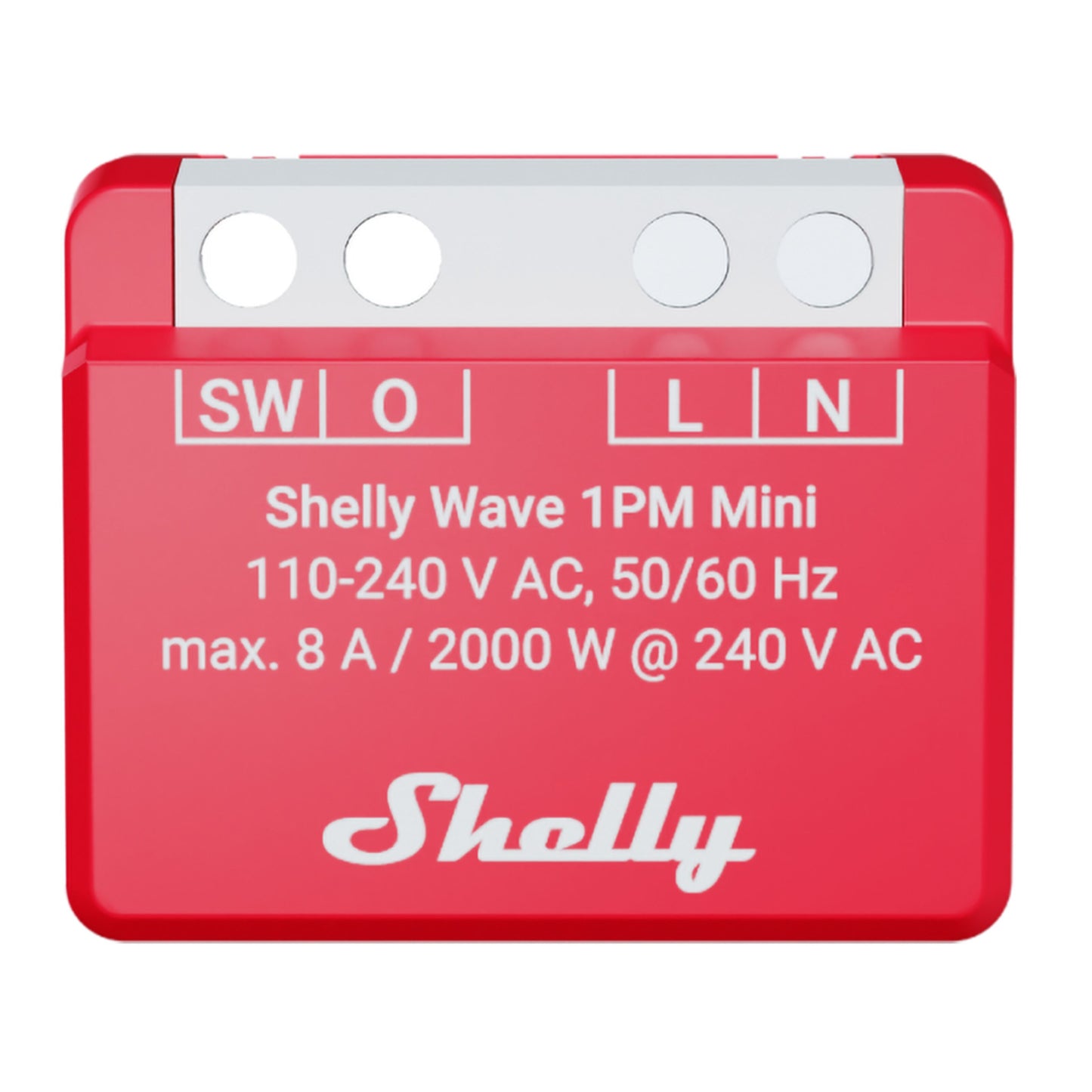 Shelly Wave 1PM Mini LR Z-Wave-afbryder EU rød, mærket SW/O/L/N, 110-240V AC 50/60Hz, op til 8A eller 2000W.