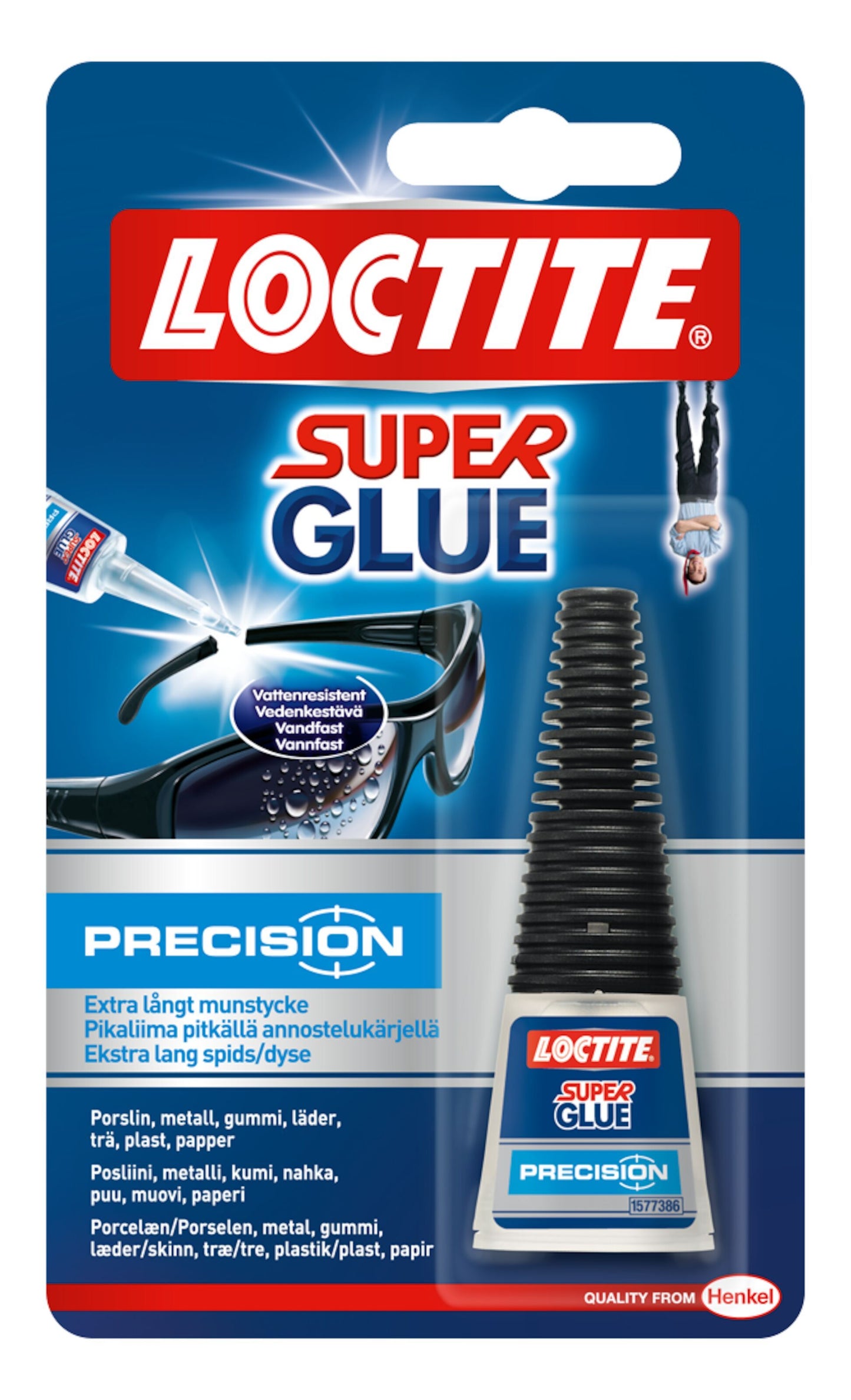 Loctite Superlim Præcision med spidsdyse i emballage med en mand hængende på hovedet.