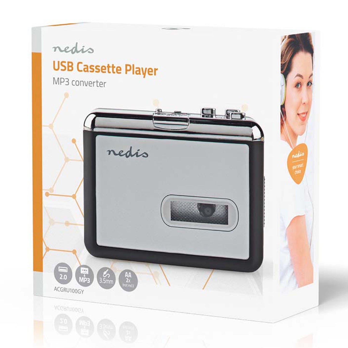 Nedis kassette-til-MP3-omformer bærbar, sølv/sort, gennemsigtigt vindue, USB 2.0, MP3, 3,5 mm jackstik, AA-batteri.