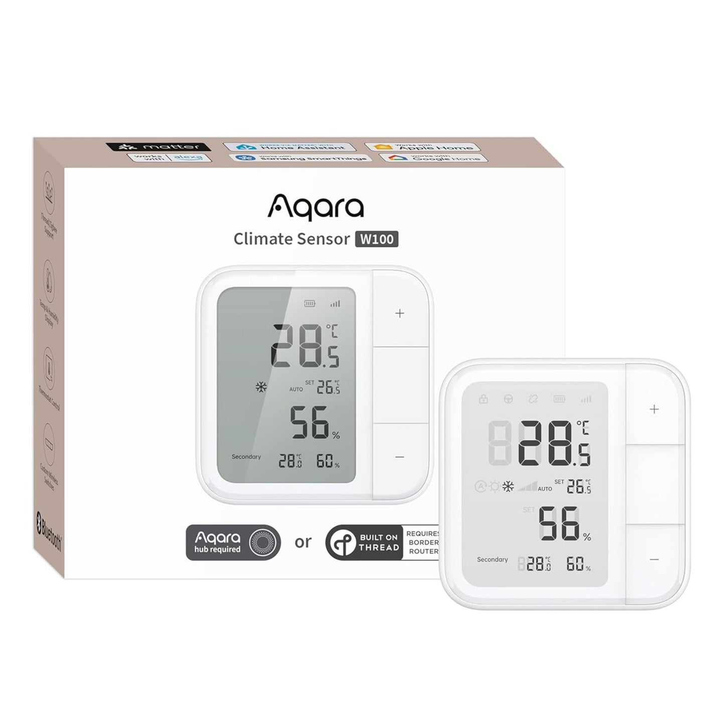Aqara Klimasensor W100 hvid med LCD viser 28,5°C og 56 luftfugtighed, kontrolknapper, Matter Zigbee logo, æske vises.