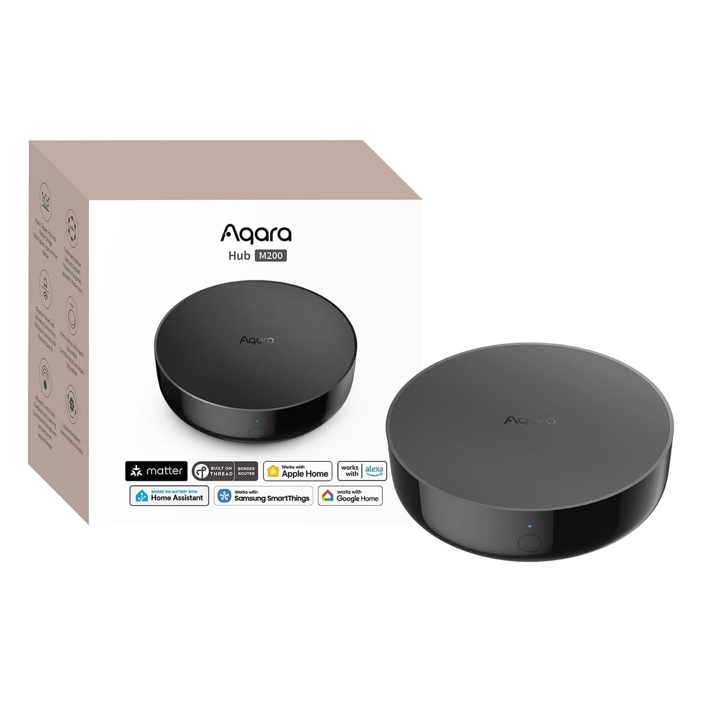 Aqara Hub M200 smart hub med Matter, Zigbee og Thread ved emballage, kompatibel med Apple Home, Home Assistant, SmartThings, Google Home.