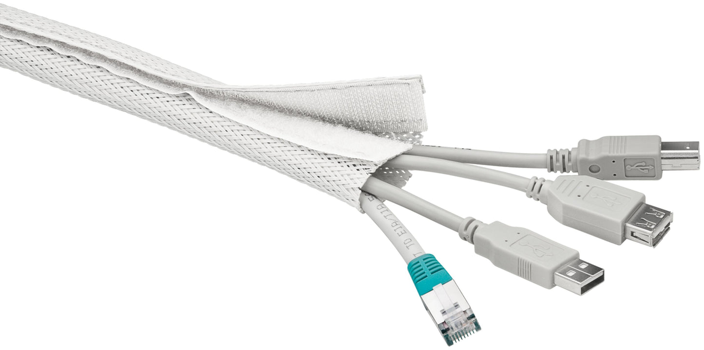 Luxorparts kabelstrømpe 1,8 m hvid samler USB-A, to USB-B og Ethernet-kabel med synlige stik i åben ende og velcrolukning.