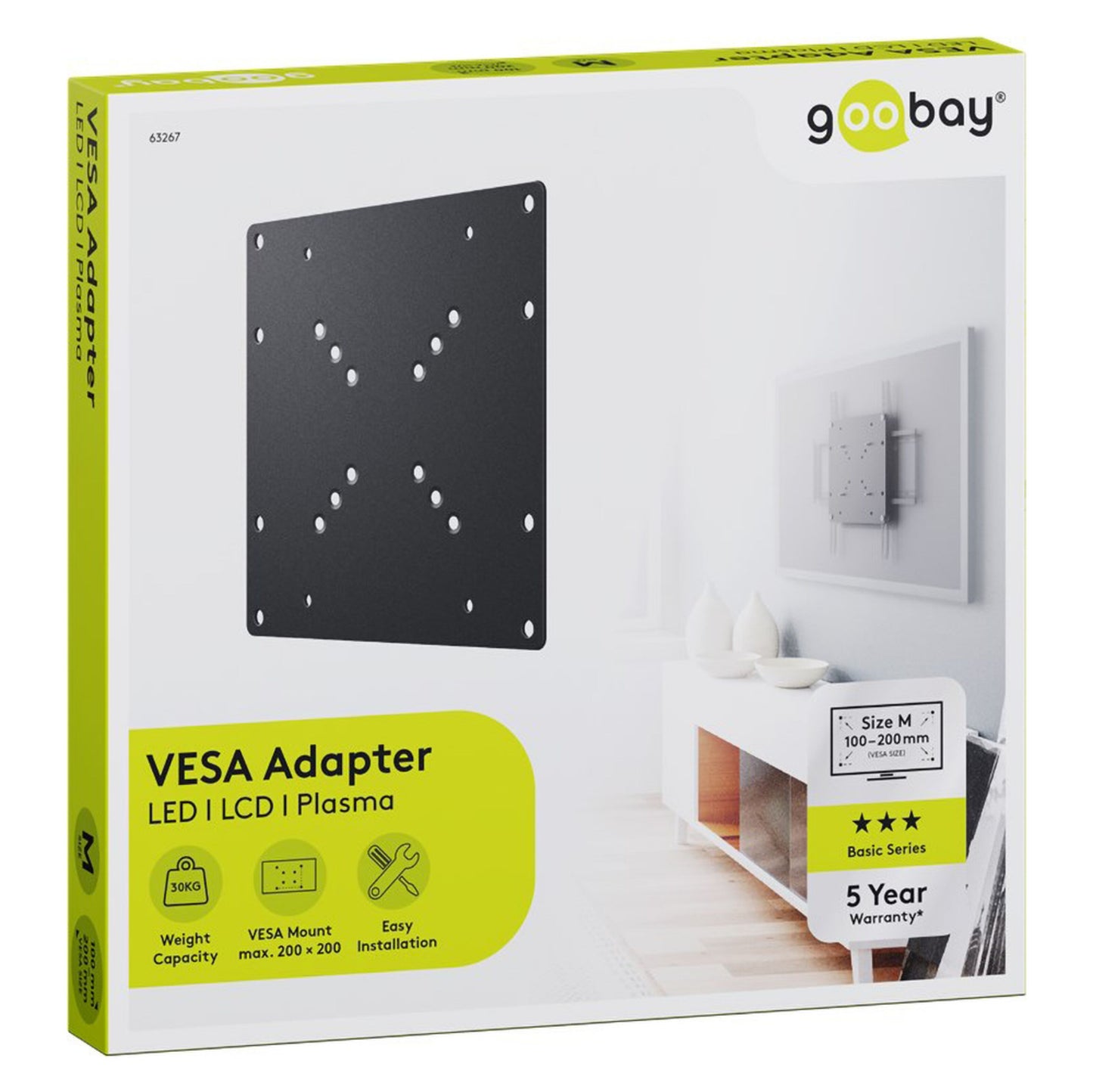 Goobay TV-vægmonteringsadapter VESA-konverter, passer til LED/LCD/Plasma, 200x200 mm, Basic Series, 5 års garanti.
