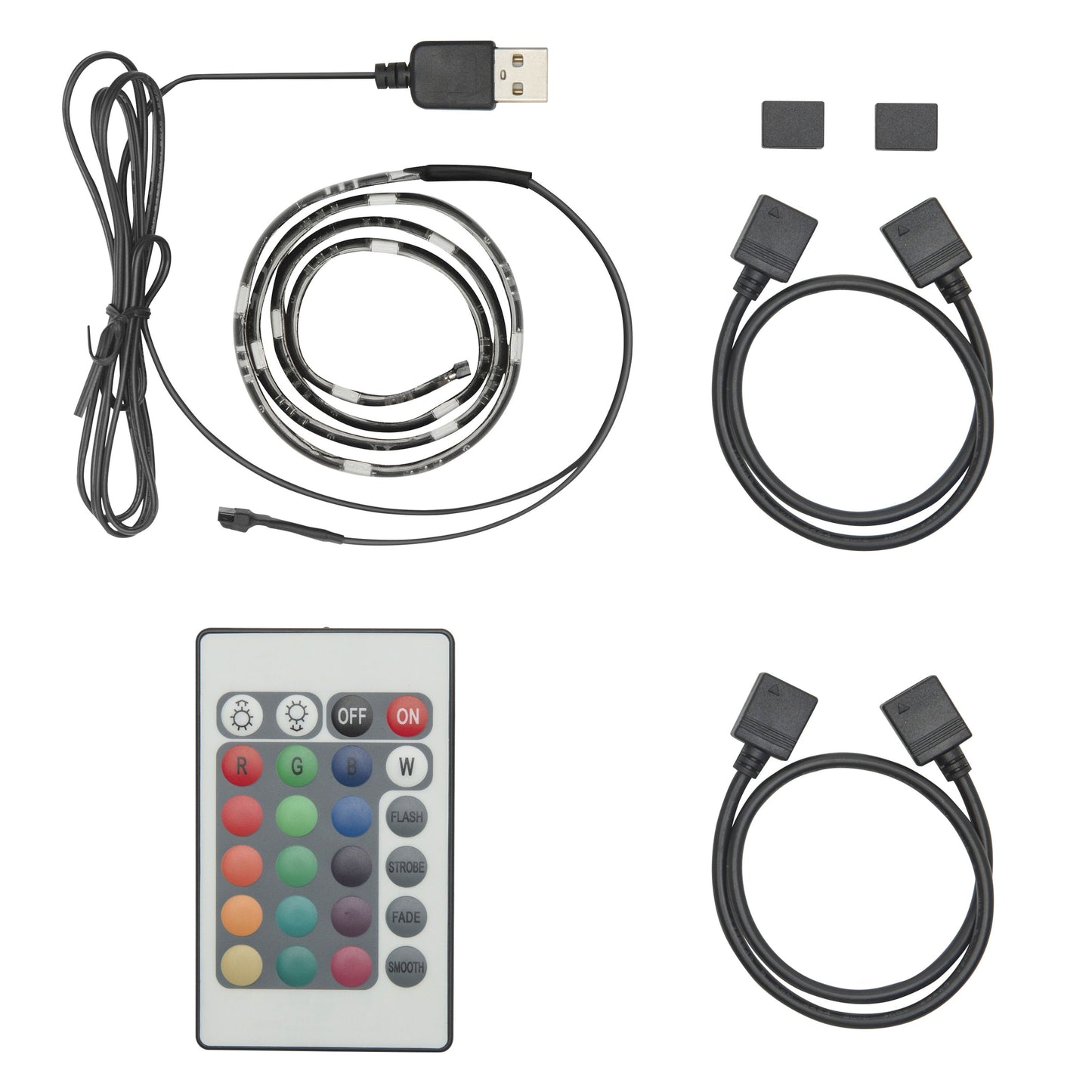 Ledsavers LED-strips til TV RGB 3-pakke, USB-drevet, fjernbetjening, stikledninger, selvklæbende bagside.