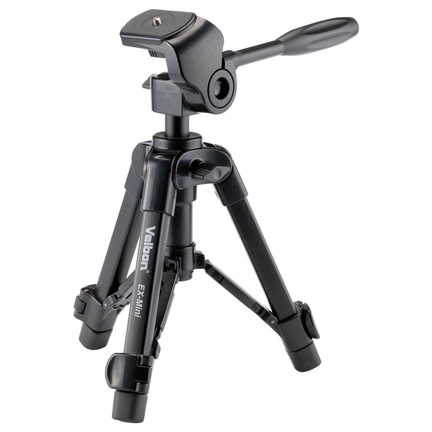 Velbon EX-Mini stativ sort kompakt tripod med justerbare ben og panoreringshåndtag til kamera eller små enheder.