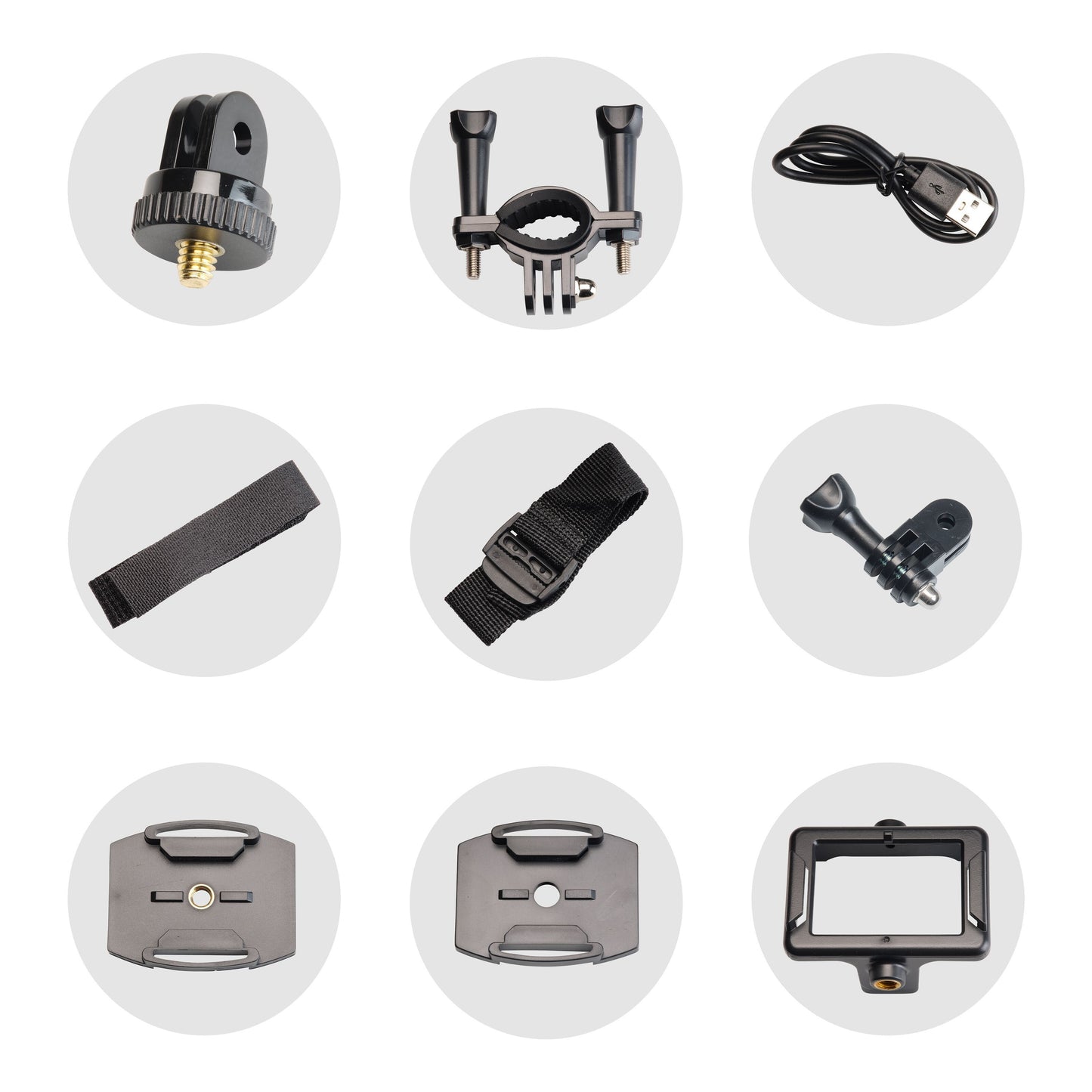 Denver ACW-5054 Actionkamera Full HD wifi tilbehørssæt med 9 dele, inkl. mounts, stropper, USB-kabel og stik.