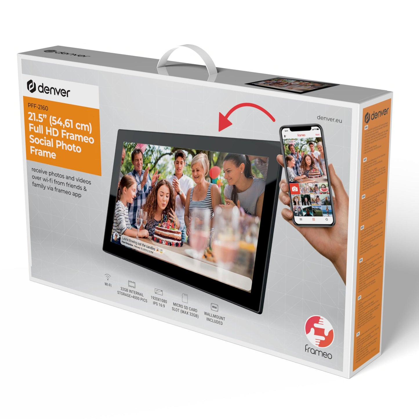 Denver Frameo digital billedramme 21,5" sort med wifi, touchskærm, familie-foto vist på skærm, emballage og app vises.