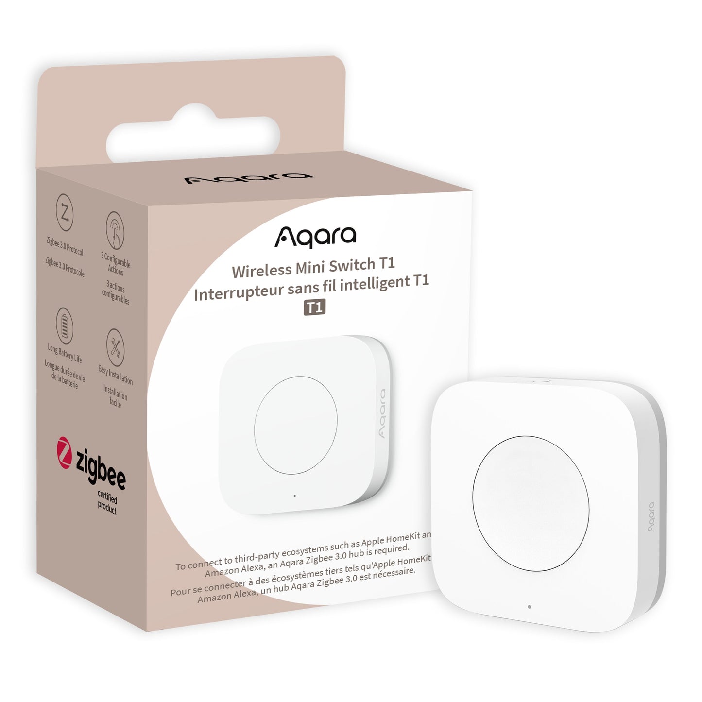 Aqara T1 Mini Trådløs Switch hvid kvadrat med rund knap, Zigbee-logo og modelnavn vist på æsken.