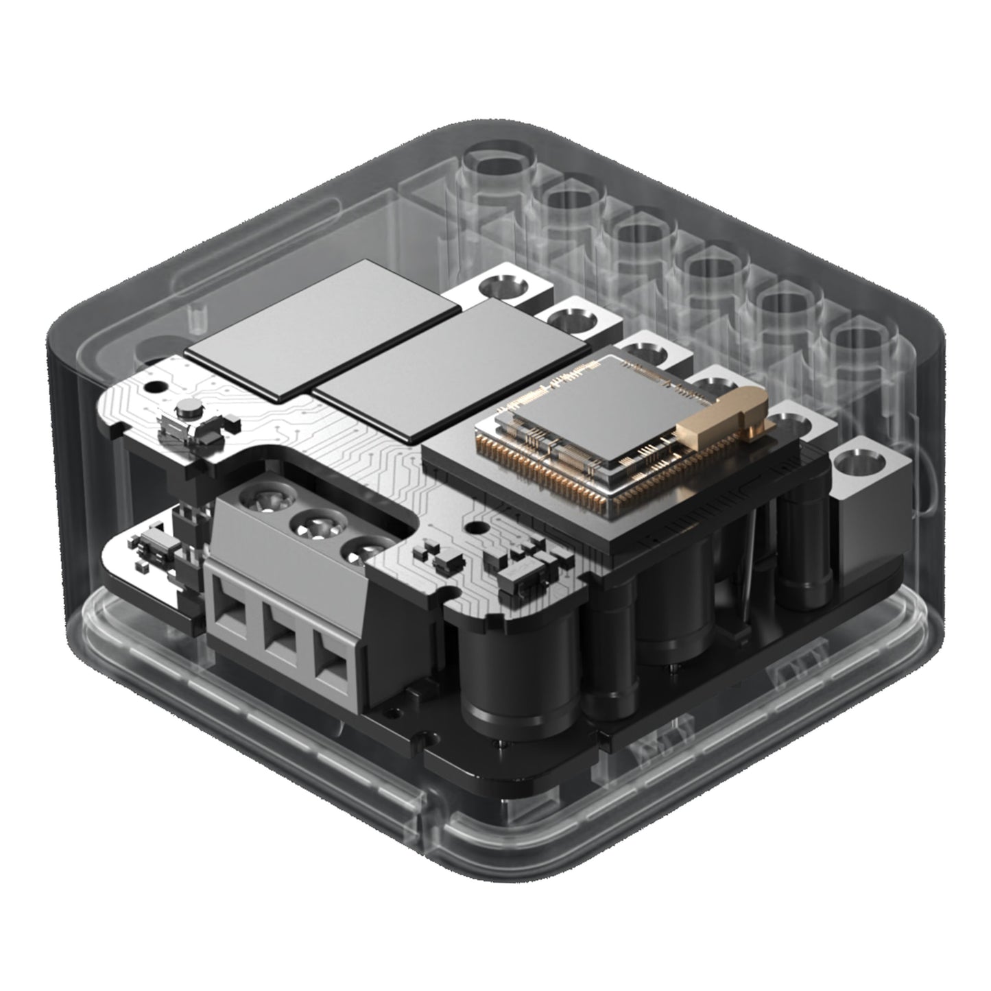 Aqara Dual Relay Module T2 Zigbee strømafbrydere med transparent, firkantet kabinet og synlige printplader og mikrochips.