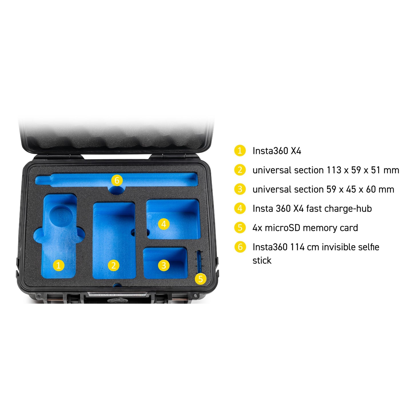 Sort Outdoor Case Type 1000 til Insta360 X4 med blå skumindsats, rummærke til kamera, hub, microSD-kort og selfie-stang.