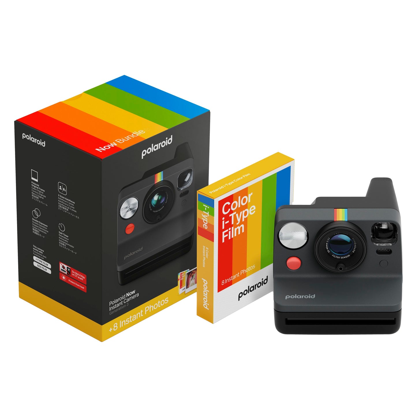 Polaroid Now Gen 3 sort kamera med farverig emballage og Polaroid Color i-Type film med tydeligt Polaroid-logo.