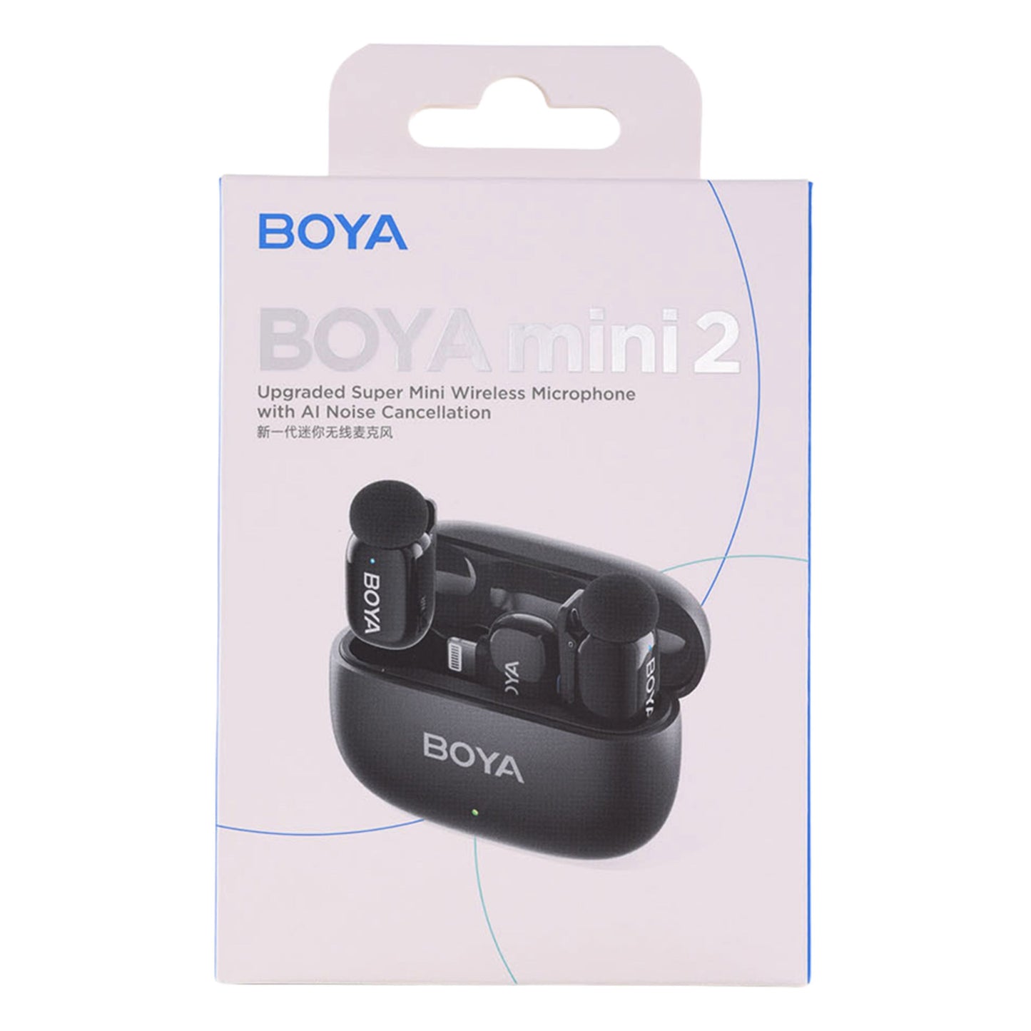 Boya Mini 2 trådløst mikrofonsystem til iPhone med tekst "Upgraded Super Mini Wireless Microphone with AI Noise Cancellation.