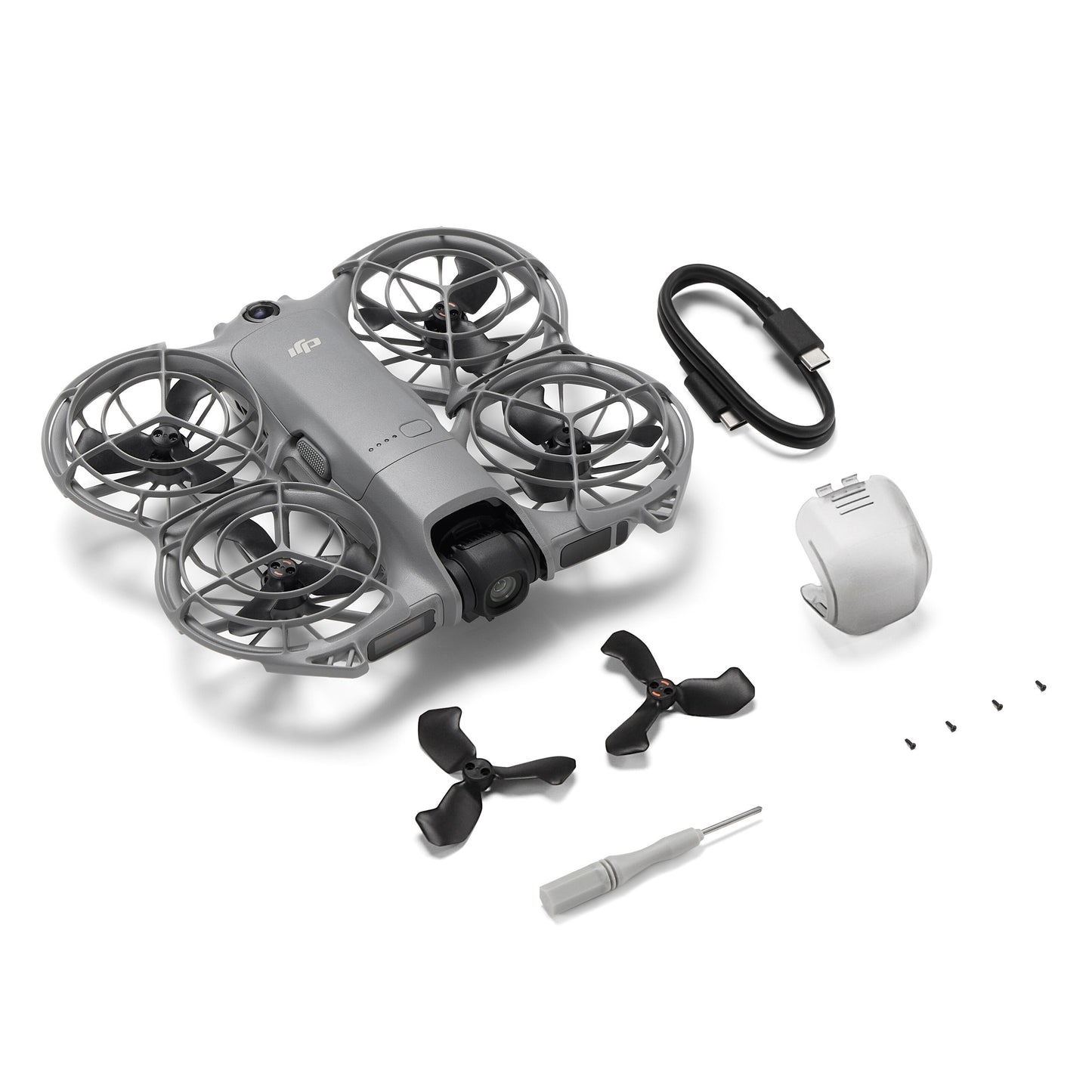 Dji Neo 2 ultralight grå drone med propelbeskyttere, front 4K kamera, ekstra propel, linsecover, USB-C kabel, værktøj.