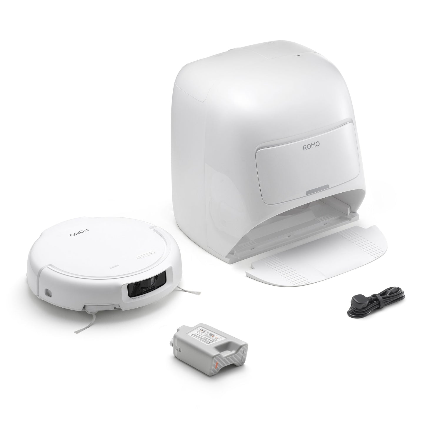 DJI ROMO S robotstøvsuger og -moppe, 3D LiDAR, vandtank, selvtømmende dokningsstation, batteri og strømkabel.