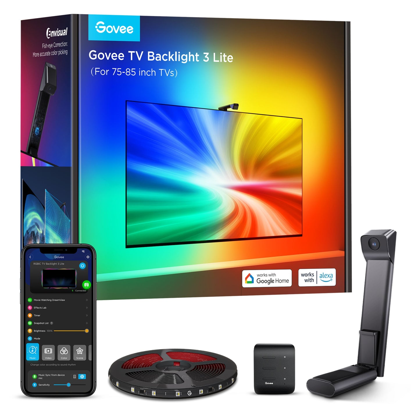 Govee TV Baggrundsbelysning 3 Lite til 65-75" med LED-strip, kontrolboks, kamerasensor, emballage og app på smartphone.