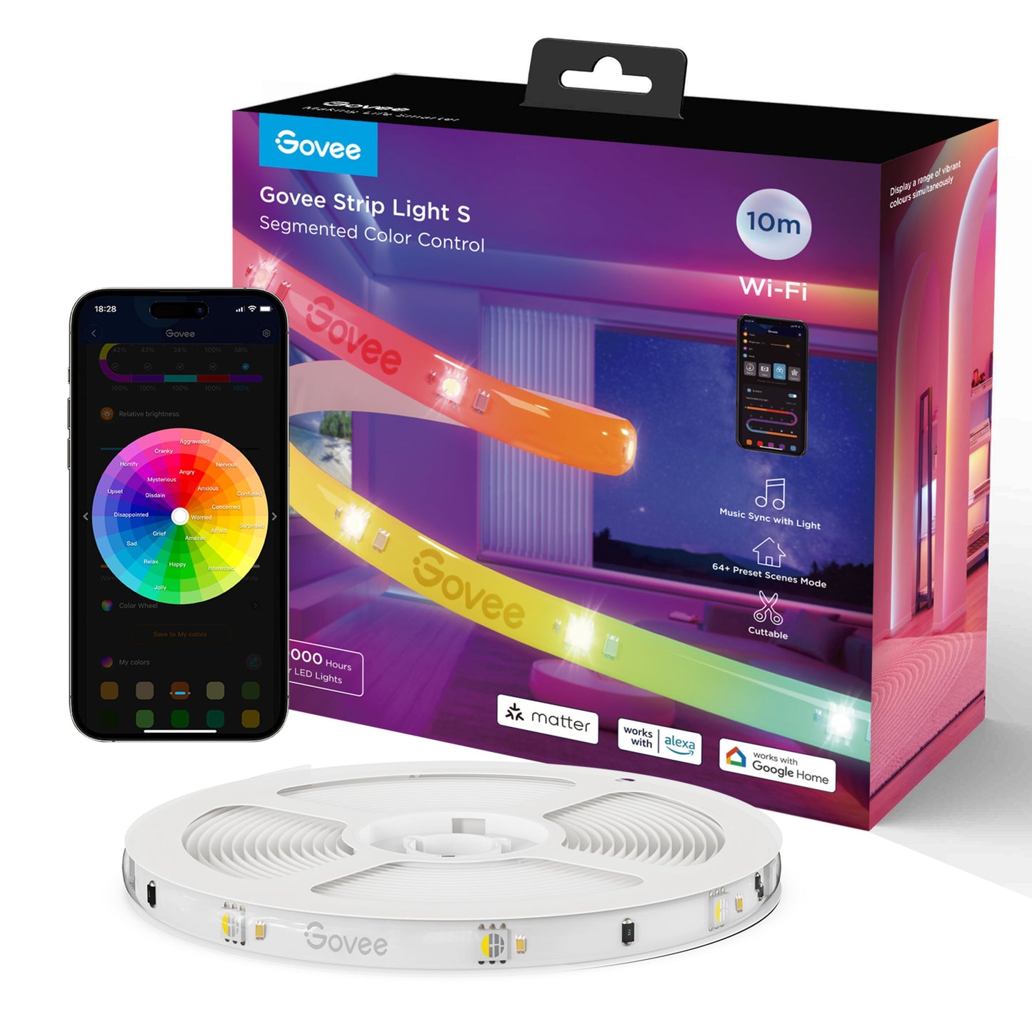 Govee RGBIC LED-lysslynge 10 m, farverig emballage, mobil med Govee app farvehjul, kasse med Wi-Fi og appstyring.