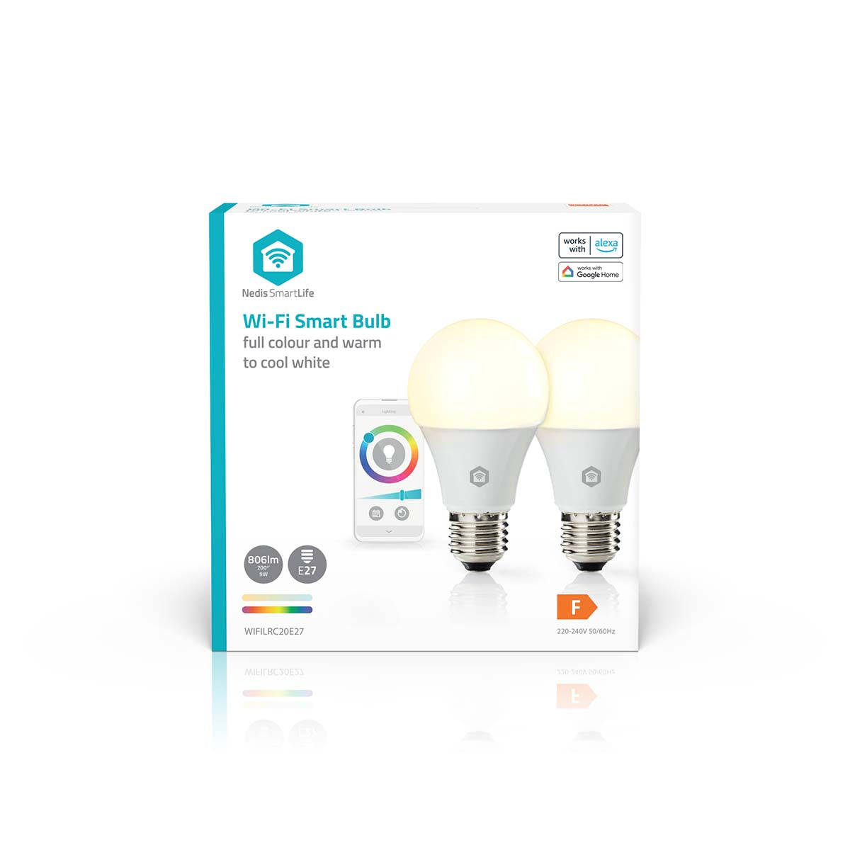 Nedis Wifi E27 LED pærer 806 lm 2-pak dæmpbare full colour warm-cool white æske med to pærer, app-ikon og smart home ikon.