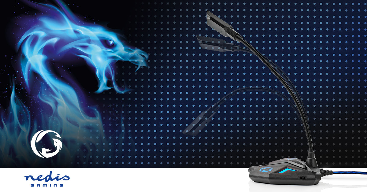 Nedis Streaming og Gaming Mikrofon sort med LED-lys, fleksibel arm, blå dragegrafik, Nedis-logo nederst til venstre.